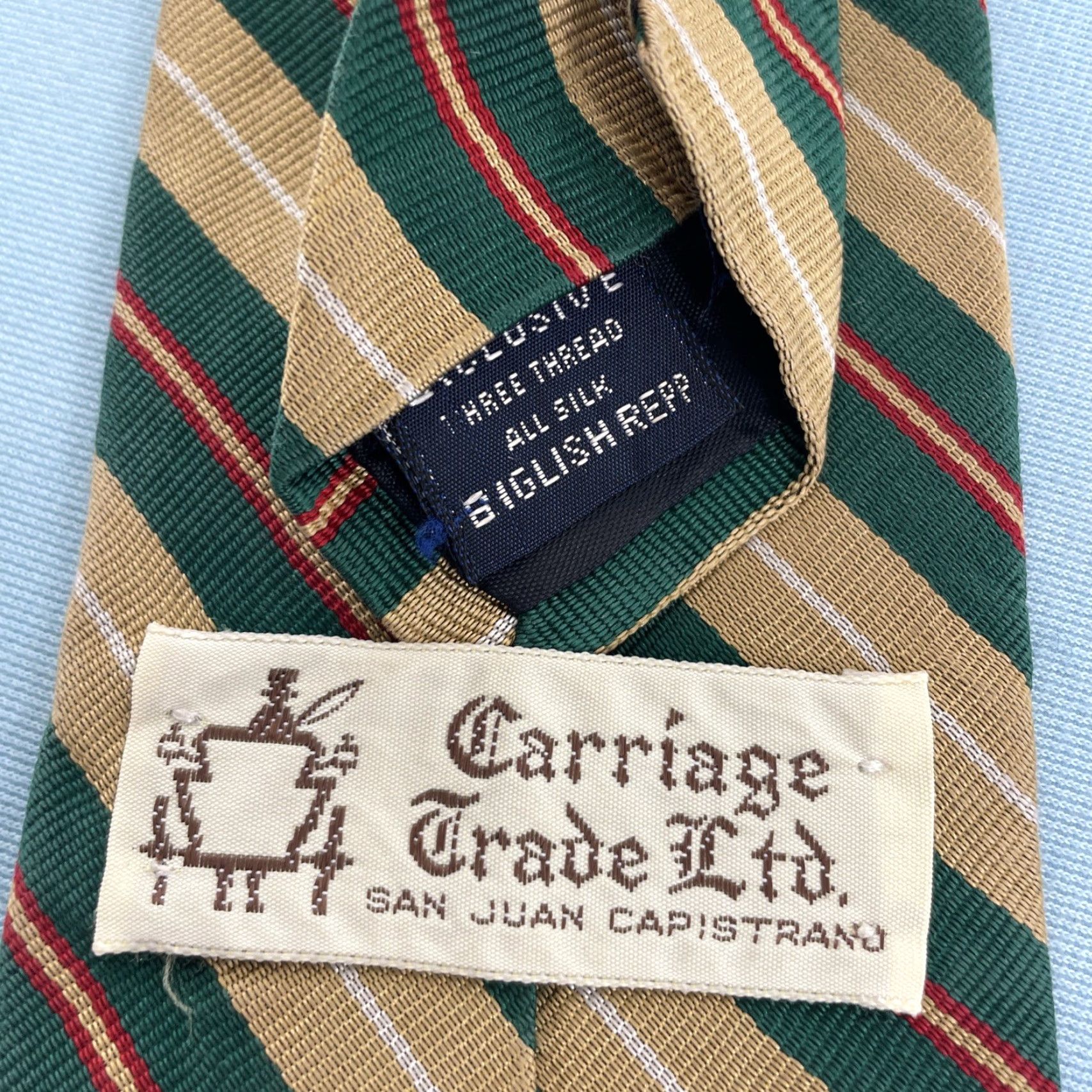 Vintage VINTAGE English Silk Repp Tie Green Tan Red Stripe 3 Thread 56" Capsule Necktie, Carriage Grade ltd. (Men) Size ONE SIZE - 3 Thumbnail