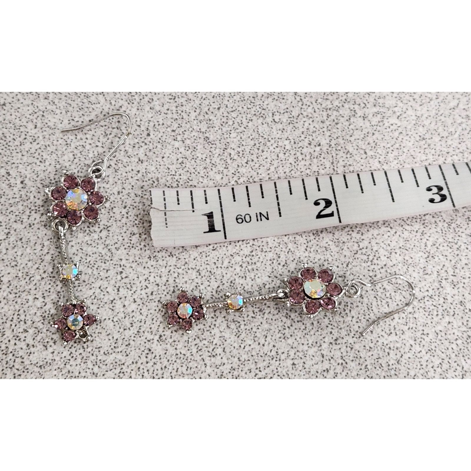 Other Silver Pink White Rhinestones Flower Dangle Hook Earrings Size ONE SIZE - 3 Thumbnail