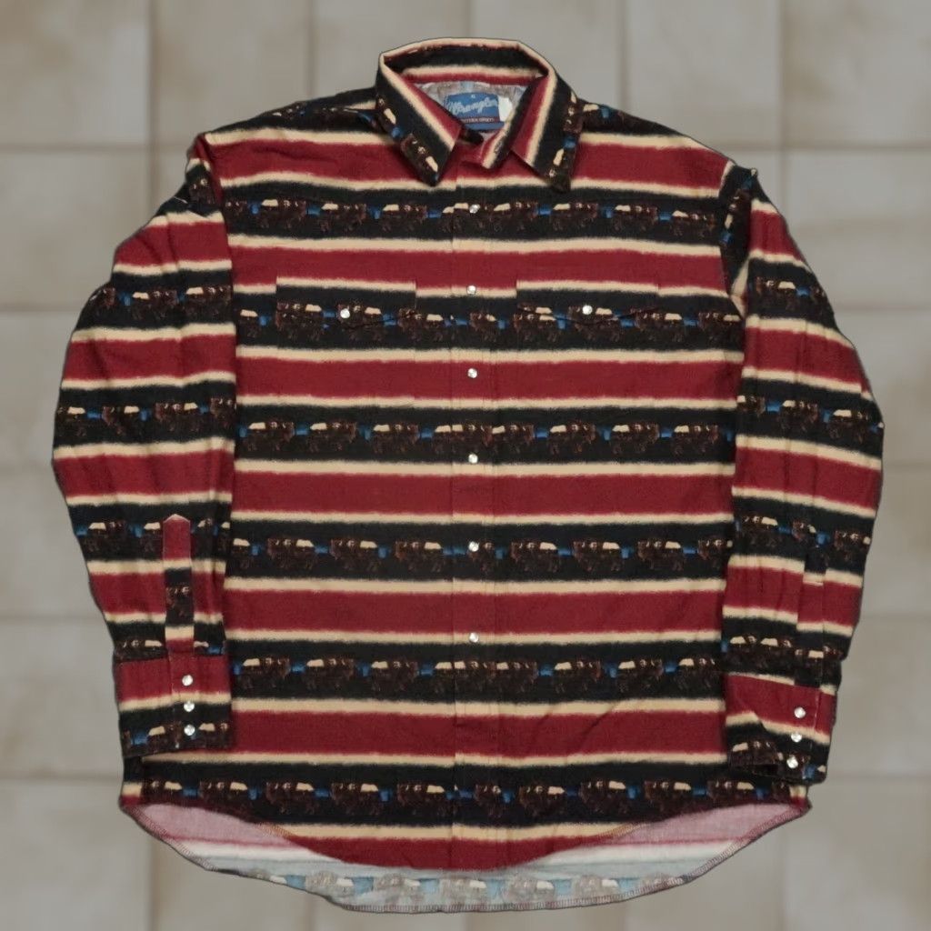 Wrangler VINTAGE Wrangler Shirt Mens XL Red Striped Buffalo Bison Pearl Snap Shirt Size US XL / EU 56 / 4 - 1 Thumbnail