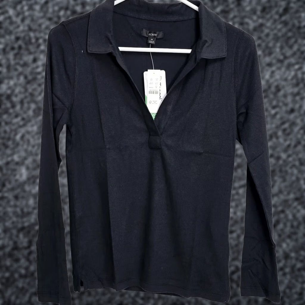 J.Crew J.Crew Womens Black Ribbed Polo Shirt Large Pullover Cotton Stretch New BA415 Size L / US 10 / IT 46 - 1 Thumbnail