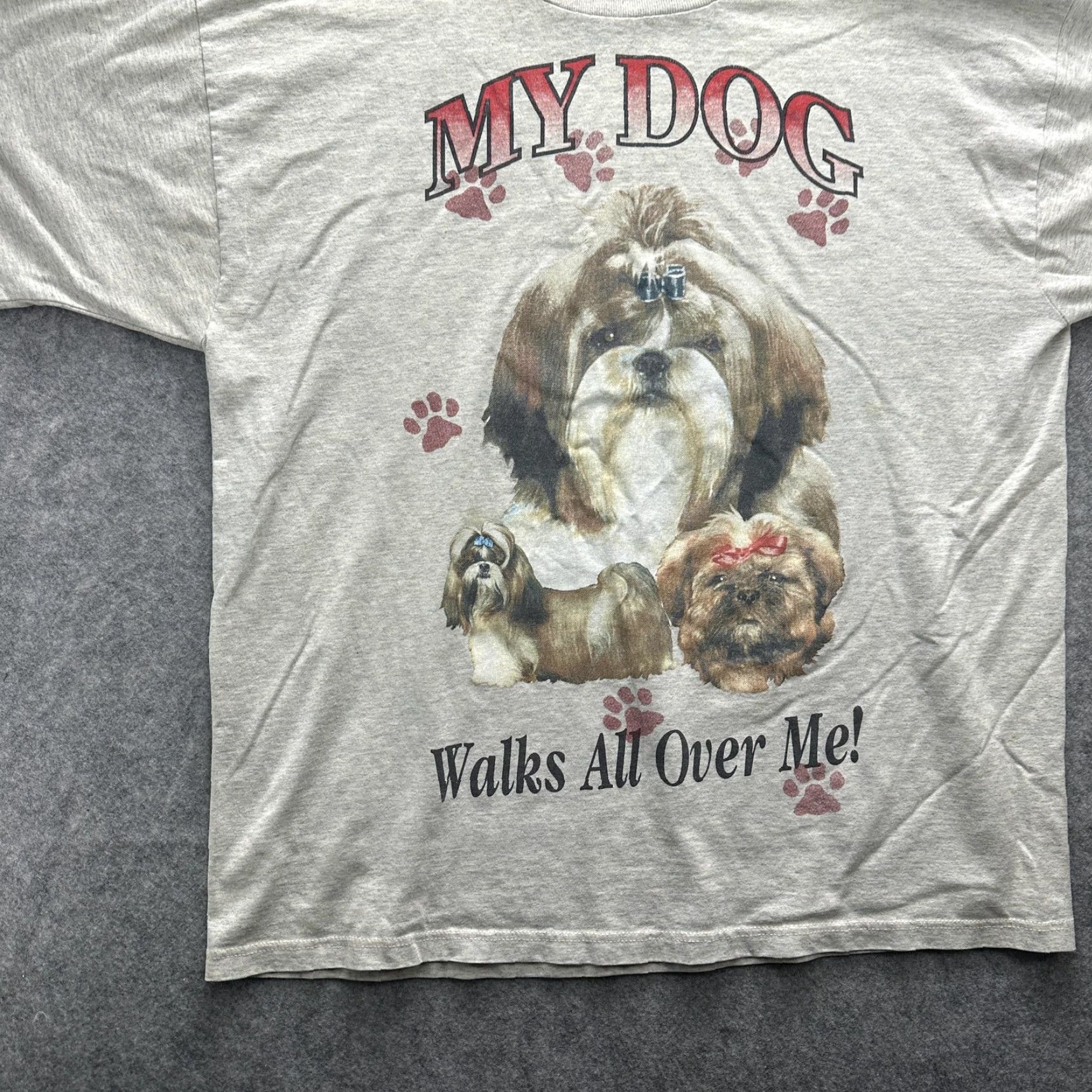 Jerzees VINTAGE Shih Tzu Dog Shirt Mens XL Gray Graphic My Dog Walks All Over Me 90s Size US XL / EU 56 / 4 - 3 Thumbnail