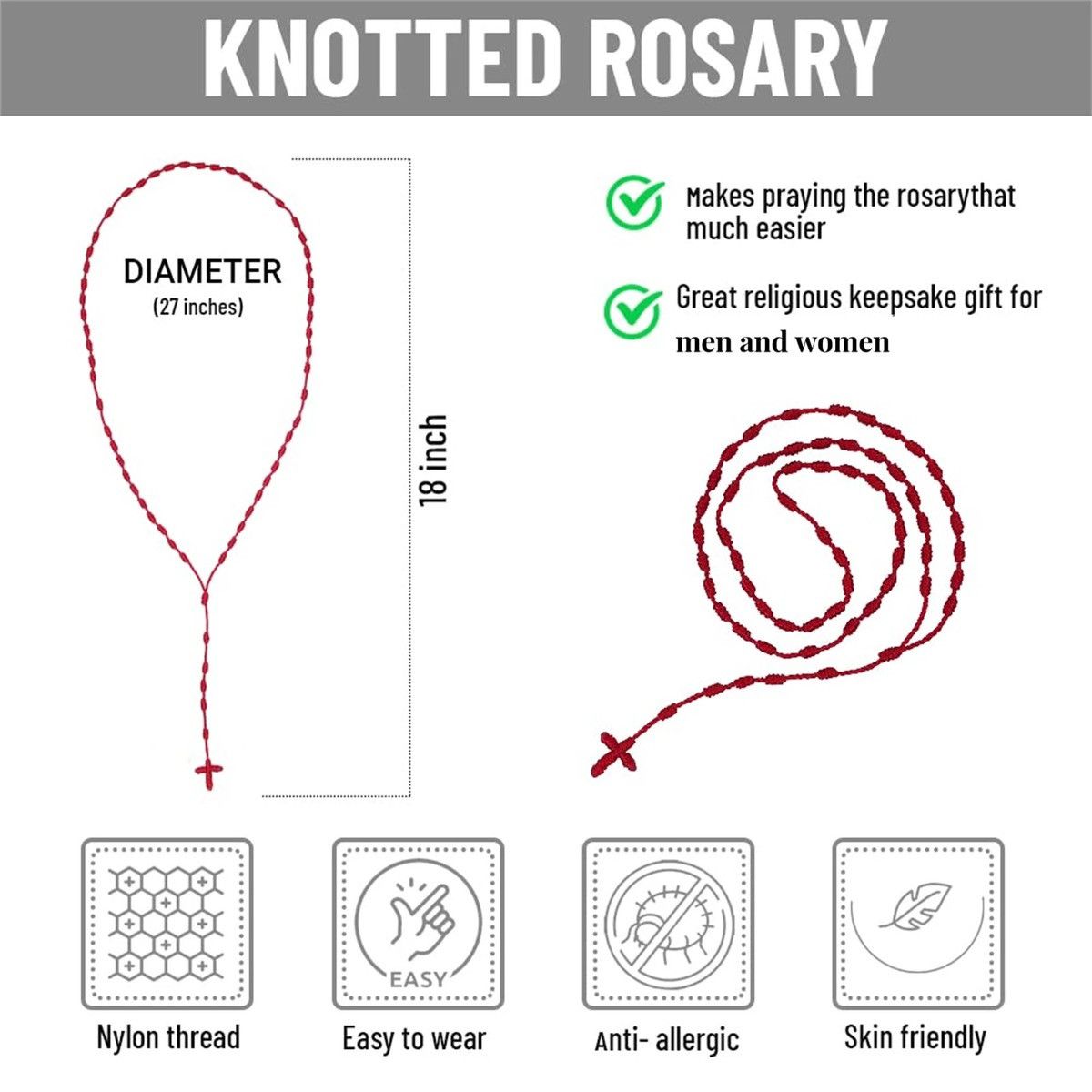 Designer × Jewelry × Vintage Handmade Knotted rosary with Cross Charm Red Necklace Size ONE SIZE - 2 Thumbnail