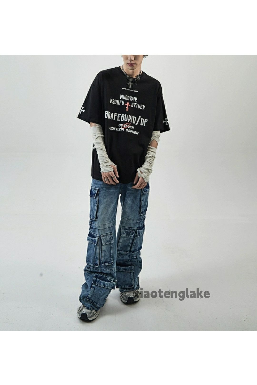 Jean Unisex washed faded loose baggy skate hiphop cargo jeans Size US 30 / EU 46 - 2 Thumbnail