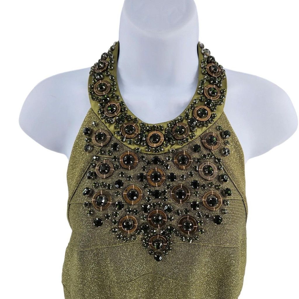 The Unbranded Brand Carmen Marc Valvo Olive Halter Neck Jeweled Bandage Dress Size M / US 6-8 / IT 42-44 - 3 Thumbnail