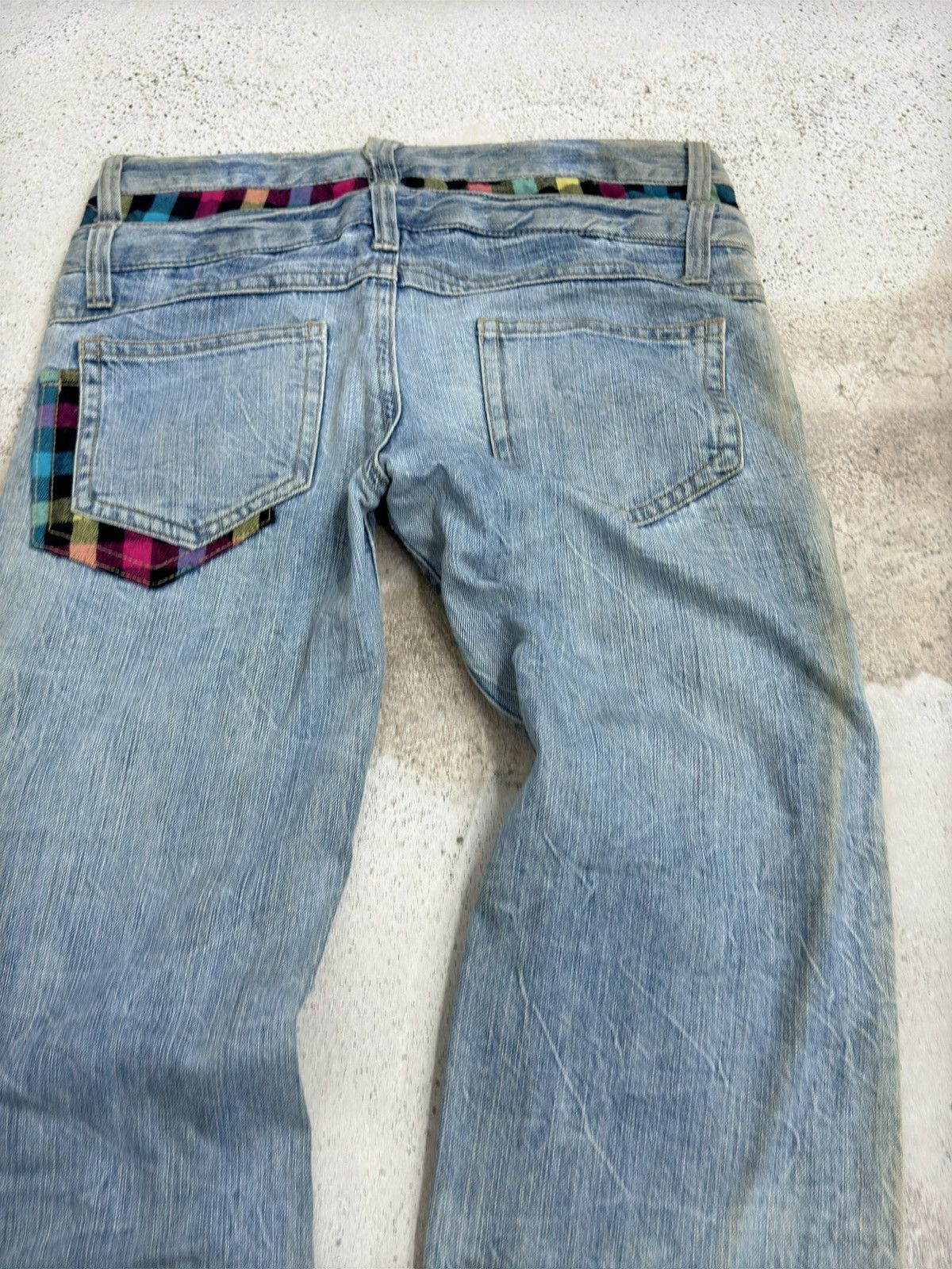 Hysteric Glamour Japanese Y2K Double Waist Plaid Patches Sun Faded Denim Size US 31 - 10 Thumbnail