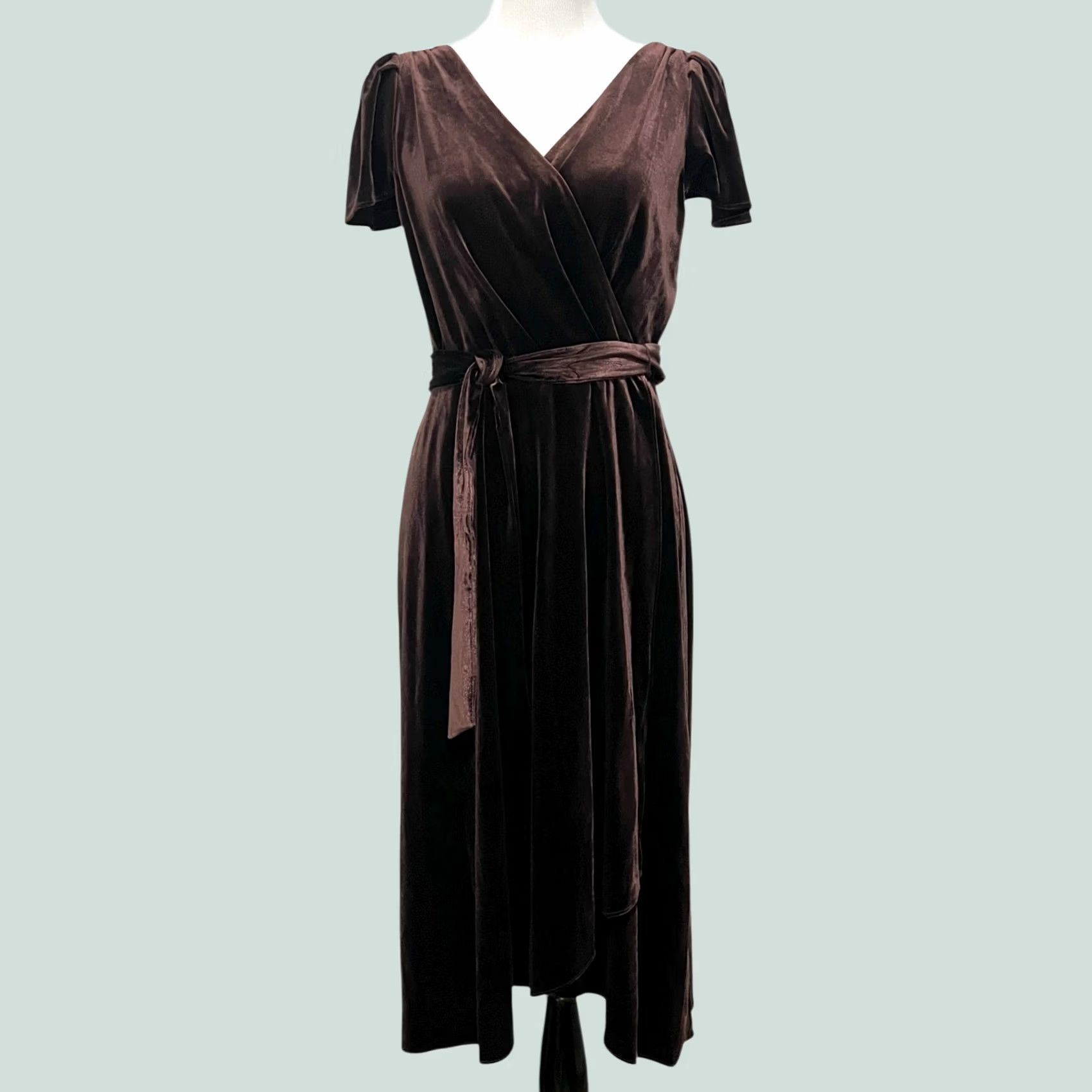 DKNY DKNY Womens Brown Velvet Faux-Wrap Flutter Sleeve Midi Belted Dress 10 Women’s Party Formal Velvet Maxi Wrap Dress Size L / US 10 / IT 46 - 1 Thumbnail