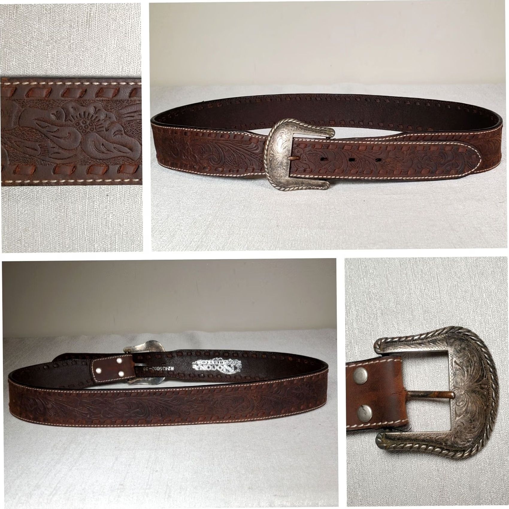 Vintage Nocona Western Belt Brown Leather Embossed Floral Contrast Stitching Men's 38 Size 38 - 2 Thumbnail