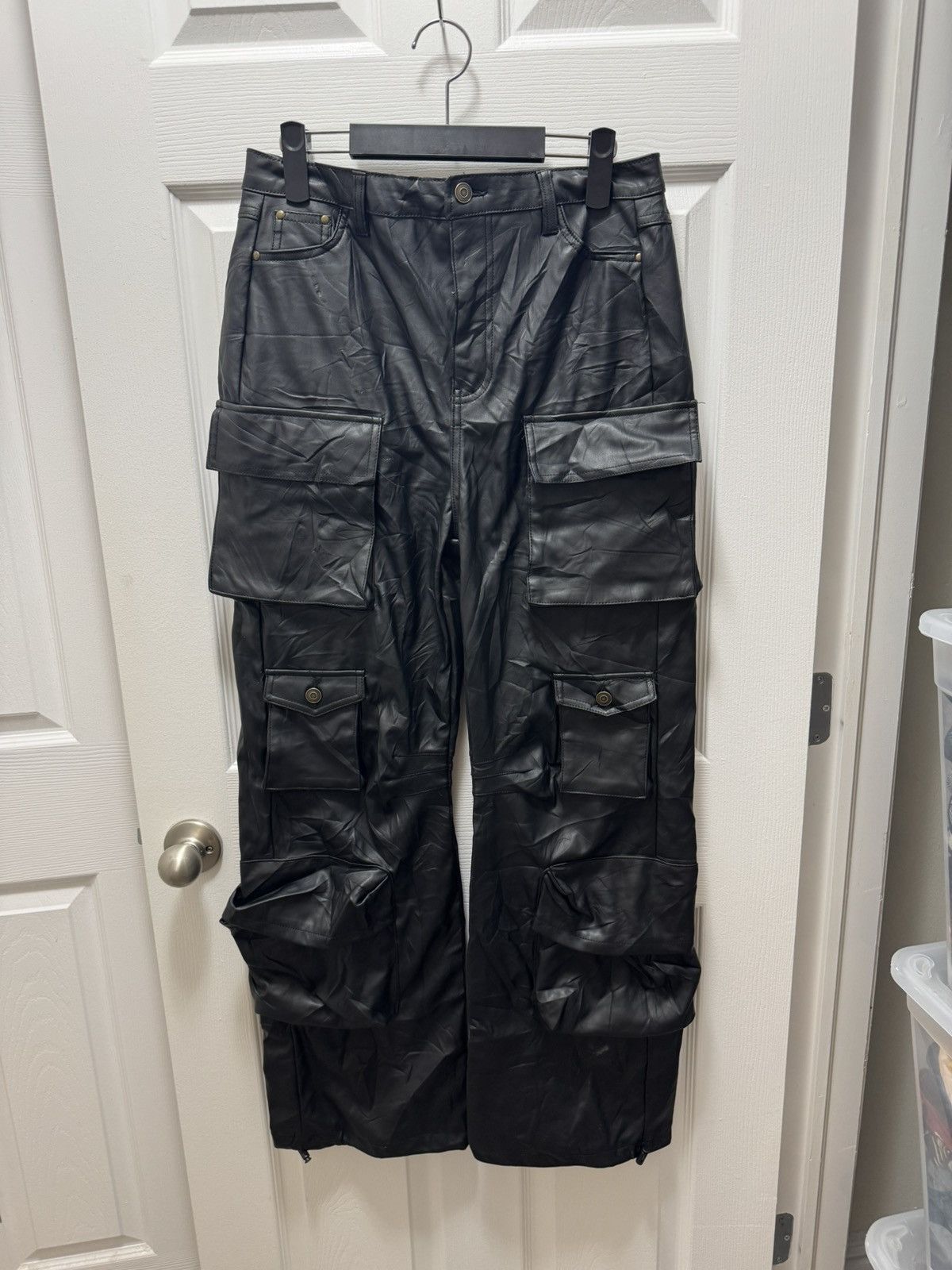 Fashion Nova Fashion Nova Black Leather Cargo Pocket Pants Avant Garde Size US 30 / EU 46 - 1 Thumbnail