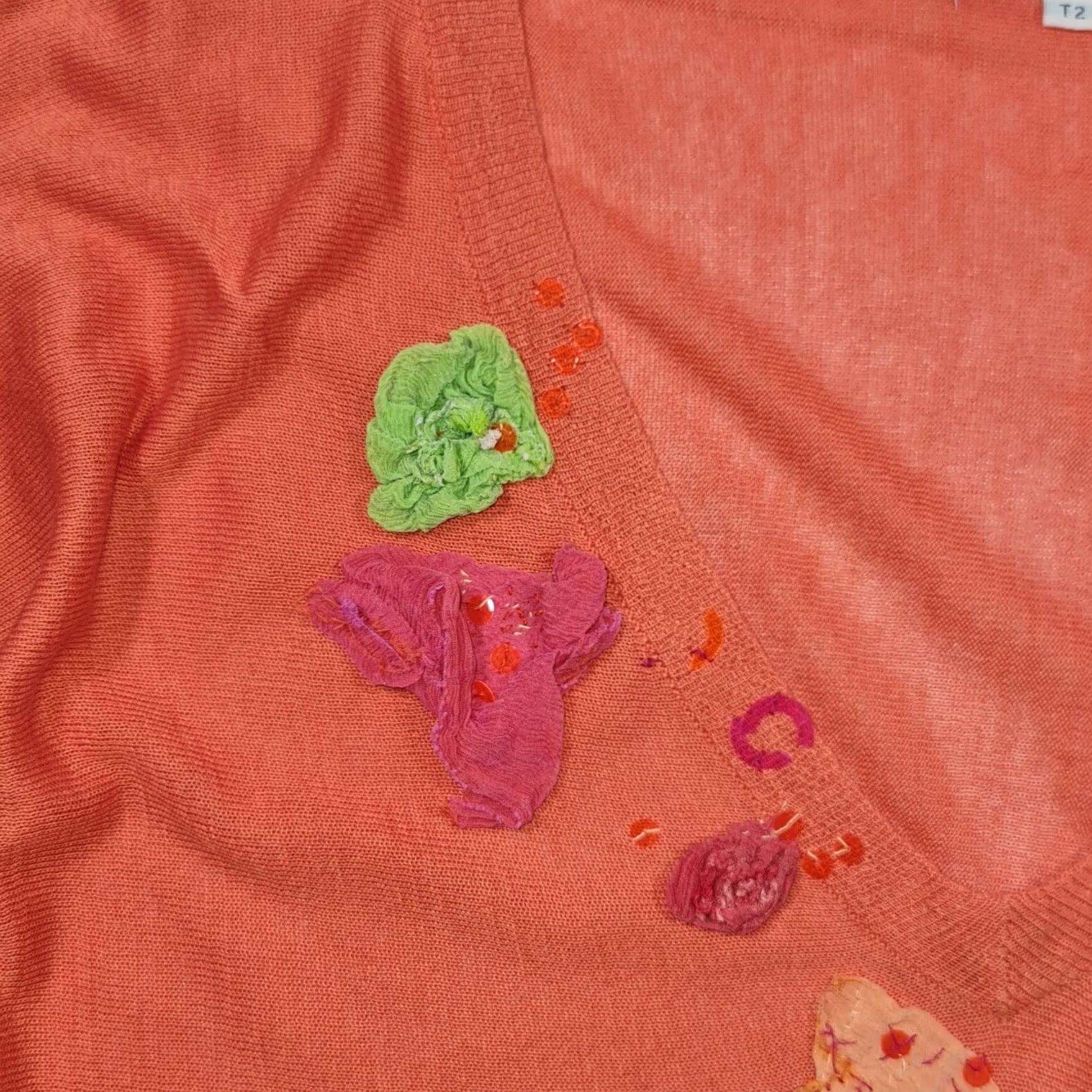 Vintage Les Petites Jumper Orange 10 UK V-Neck 3/4 Sleeve Silk Cotton Knit Pullover Top Womens Size L / US 10 / IT 46 - 3 Thumbnail