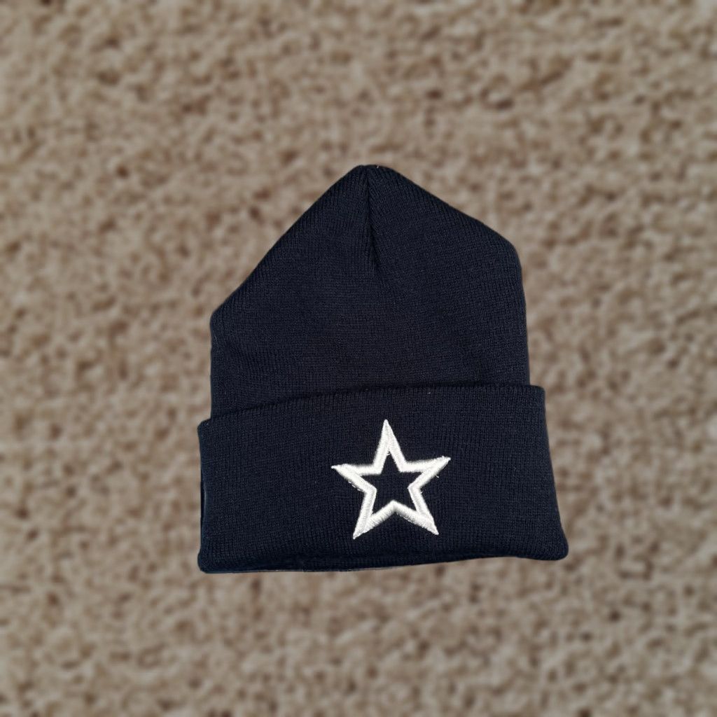 Vintage VINTAGE Star Beanie Toque Knit Adult One Size Dark Navy Blue 100% Acrylic Embroidered Star Pattern Winter Mens Size ONE SIZE - 1 Thumbnail