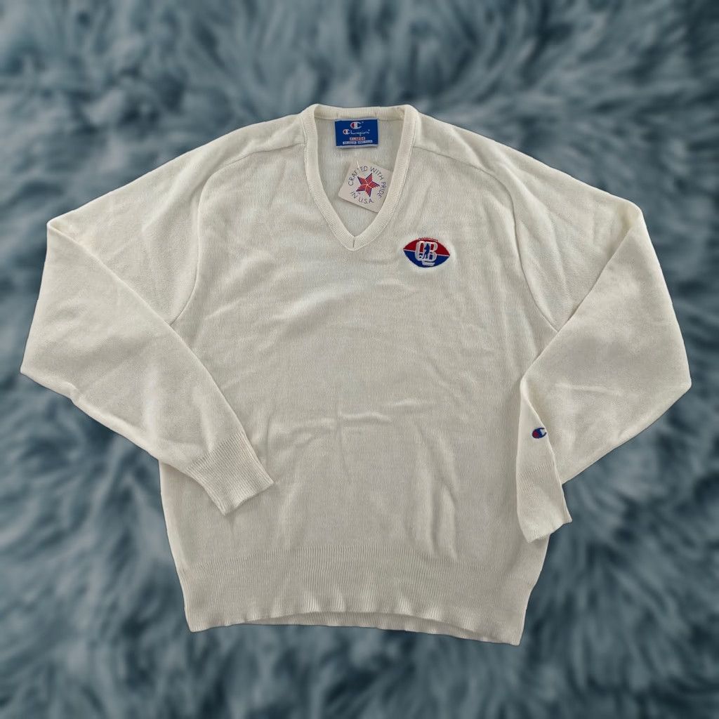 Champion VINTAGE Champion Sweater Adult XL White V-Neck Pullover Football Mens Size US XL / EU 56 / 4 - 1 Thumbnail