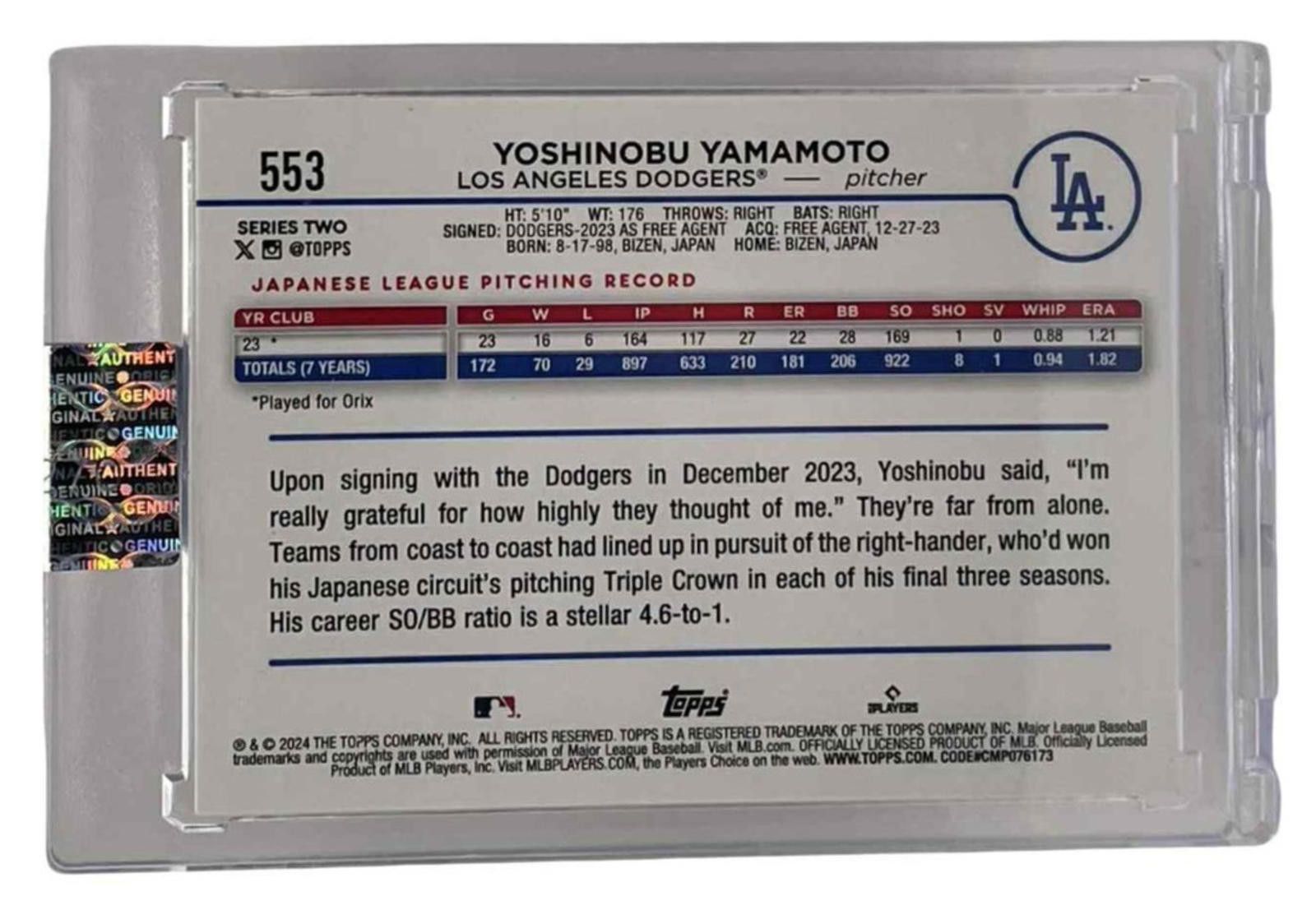 Other 2024 Topps #553 Series 2 Yoshinobu Yamamoto Rookie (RC) Size ONE SIZE - 3 Thumbnail