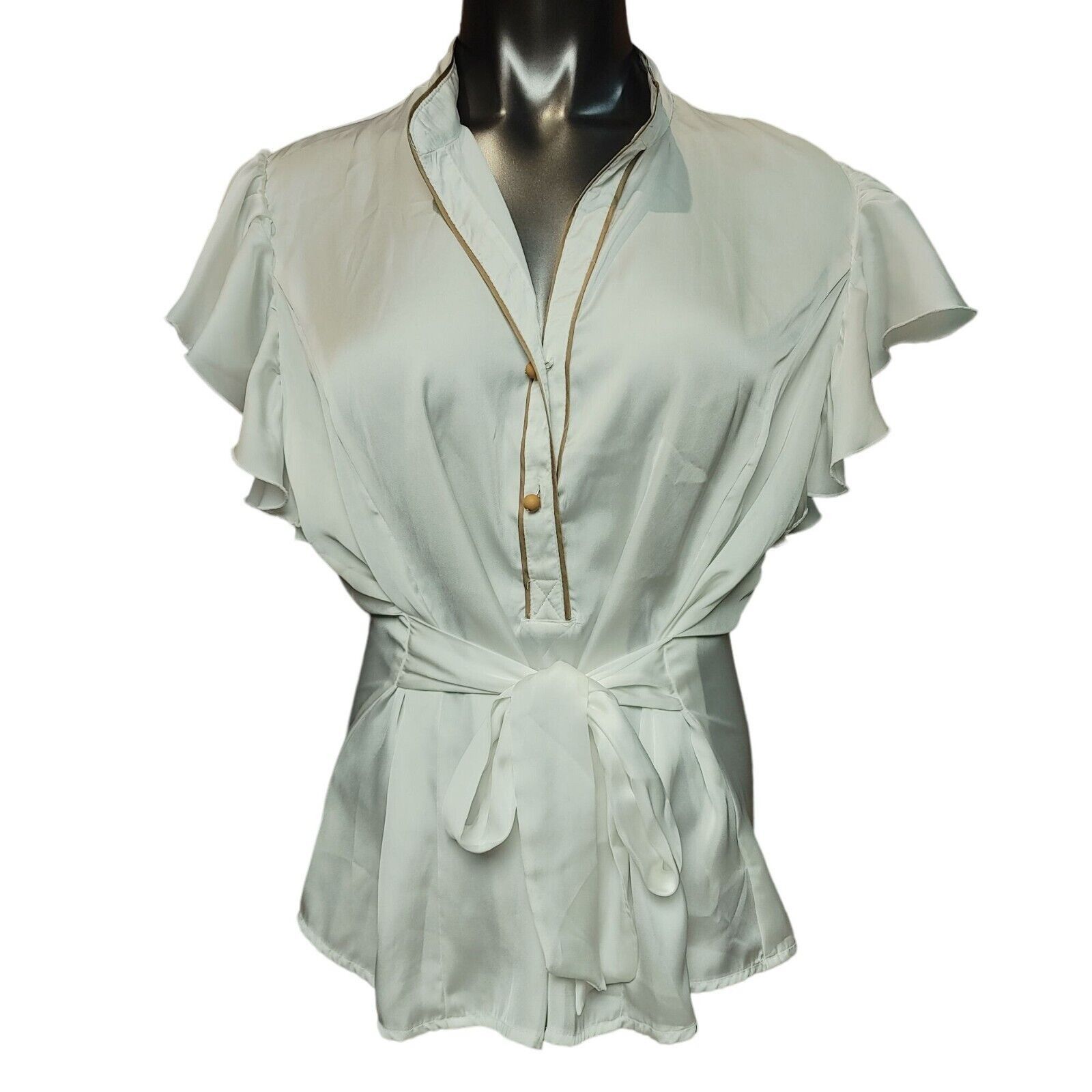 George George Women's White Satin Short Sleeve Button Down Tie Wais Size XL / US 12-14 / IT 48-50 - 1 Thumbnail