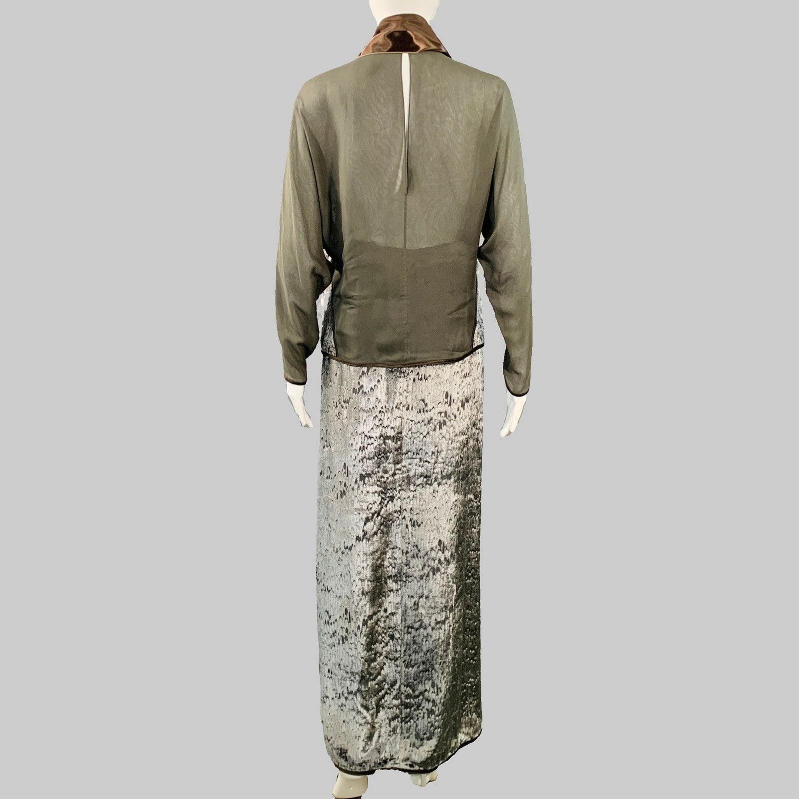 Geoffrey Beene GEOFFREY BEENE Grey Green Brown Silk Velvet Top Skirt Set Size 28" / US 6 / IT 42 - 4 Thumbnail