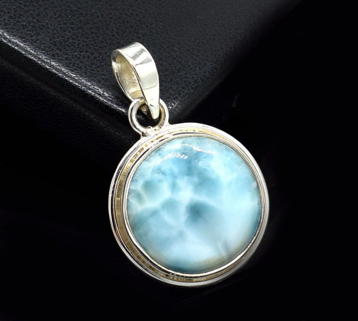 Handmade Smooth Larimar Gemstone Pendant, Round Larimar Pendant, Size ONE SIZE - 1 Thumbnail