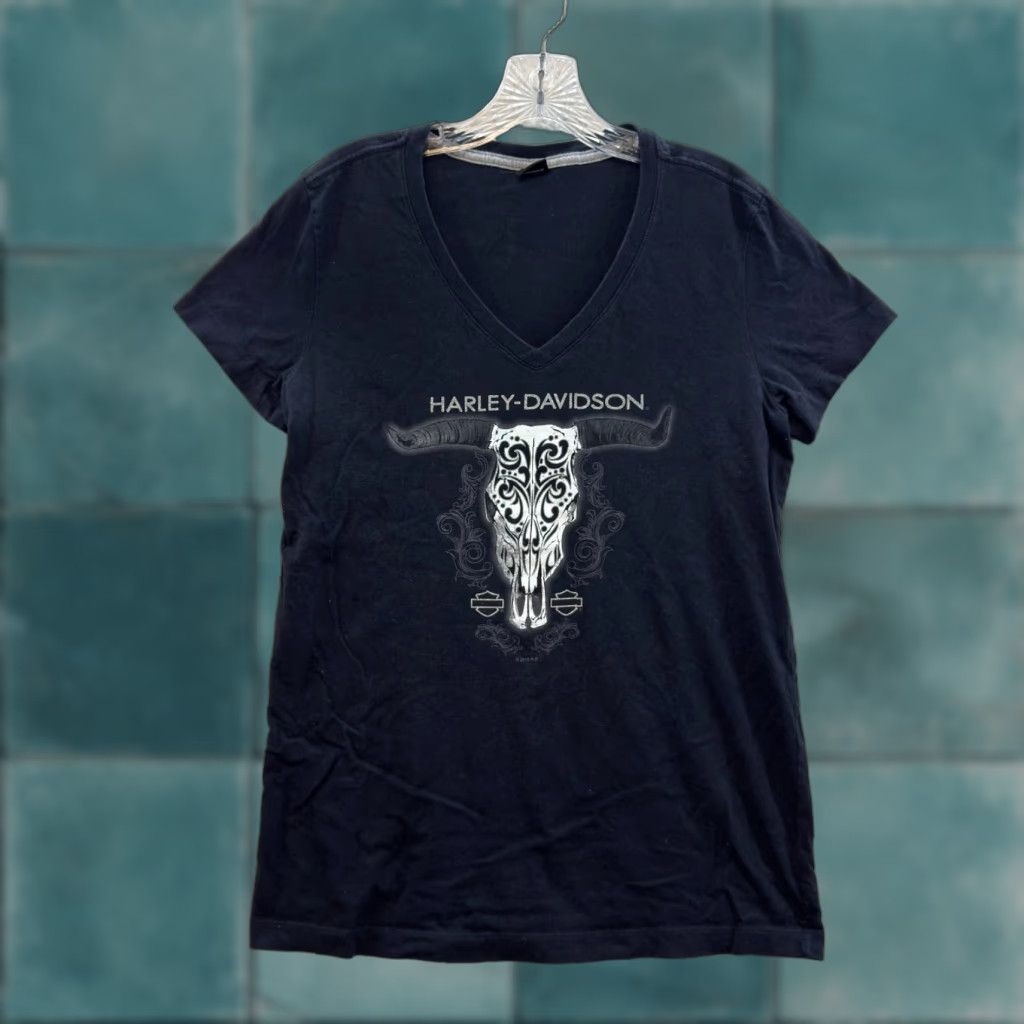 Harley Davidson Harley-Davidson T-Shirt Women XL Black Longhorn Skull Moto Biker Shirt Short Sleeve V-Neck Size XL / US 12-14 / IT 48-50 - 1 Thumbnail