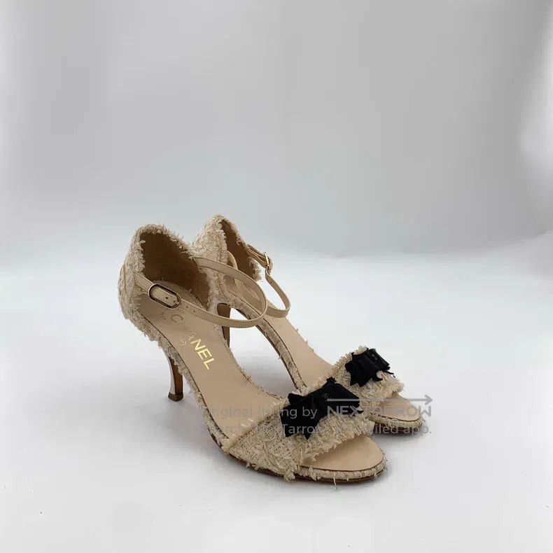 Chanel Chanel Beige bow tweed thin-heeled high-heeled sandals Size US 7.5 / IT 37.5 - 2 Thumbnail