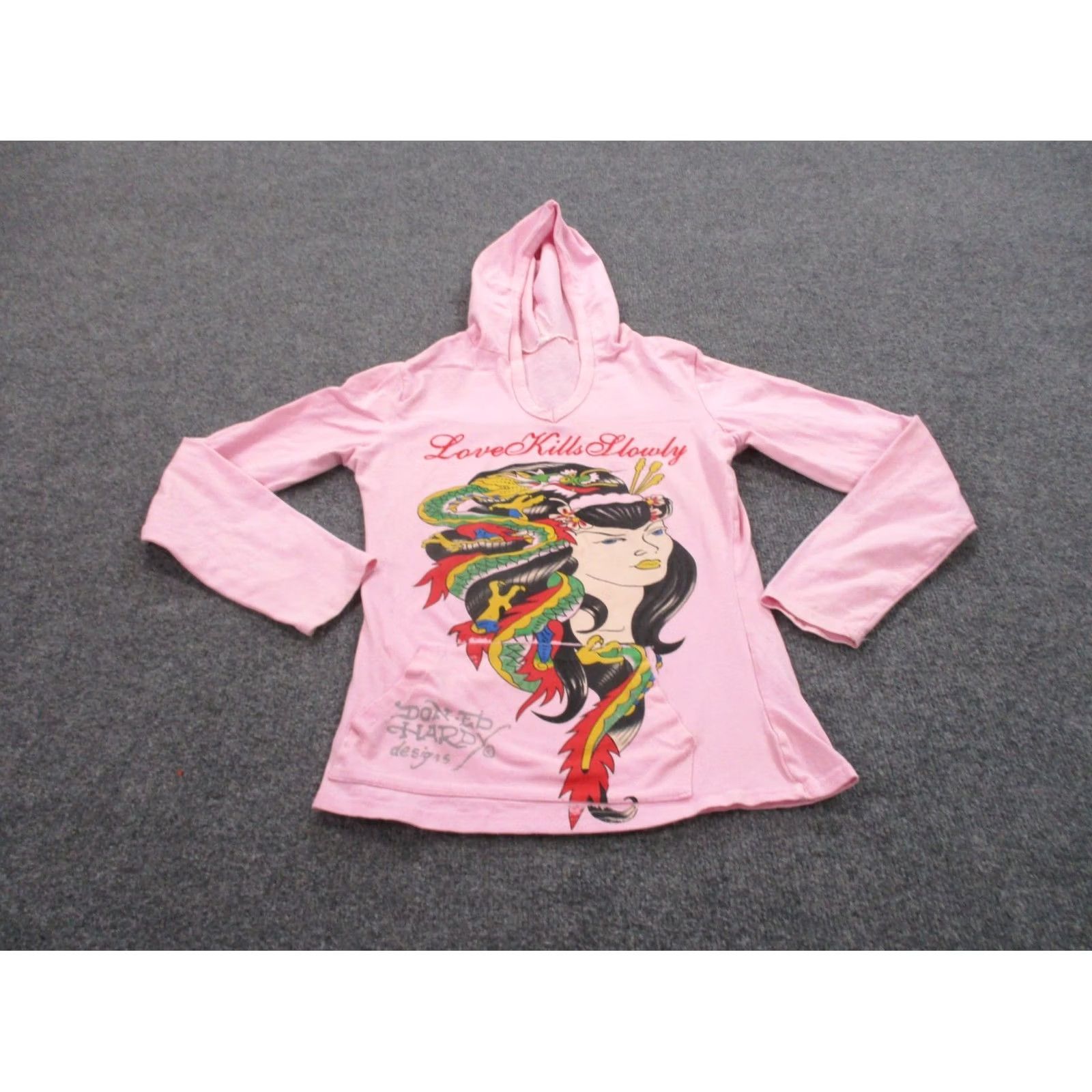 Ed Hardy Ed Hardy Hoodie Womens XS Pink Grunge Love Kills Slowly Dragon Girl Pullover Hooded Pockets Thermal Knit Cotton Varsity Style Tee? Size XS / US 0-2 / IT 36-38 - 2 Thumbnail