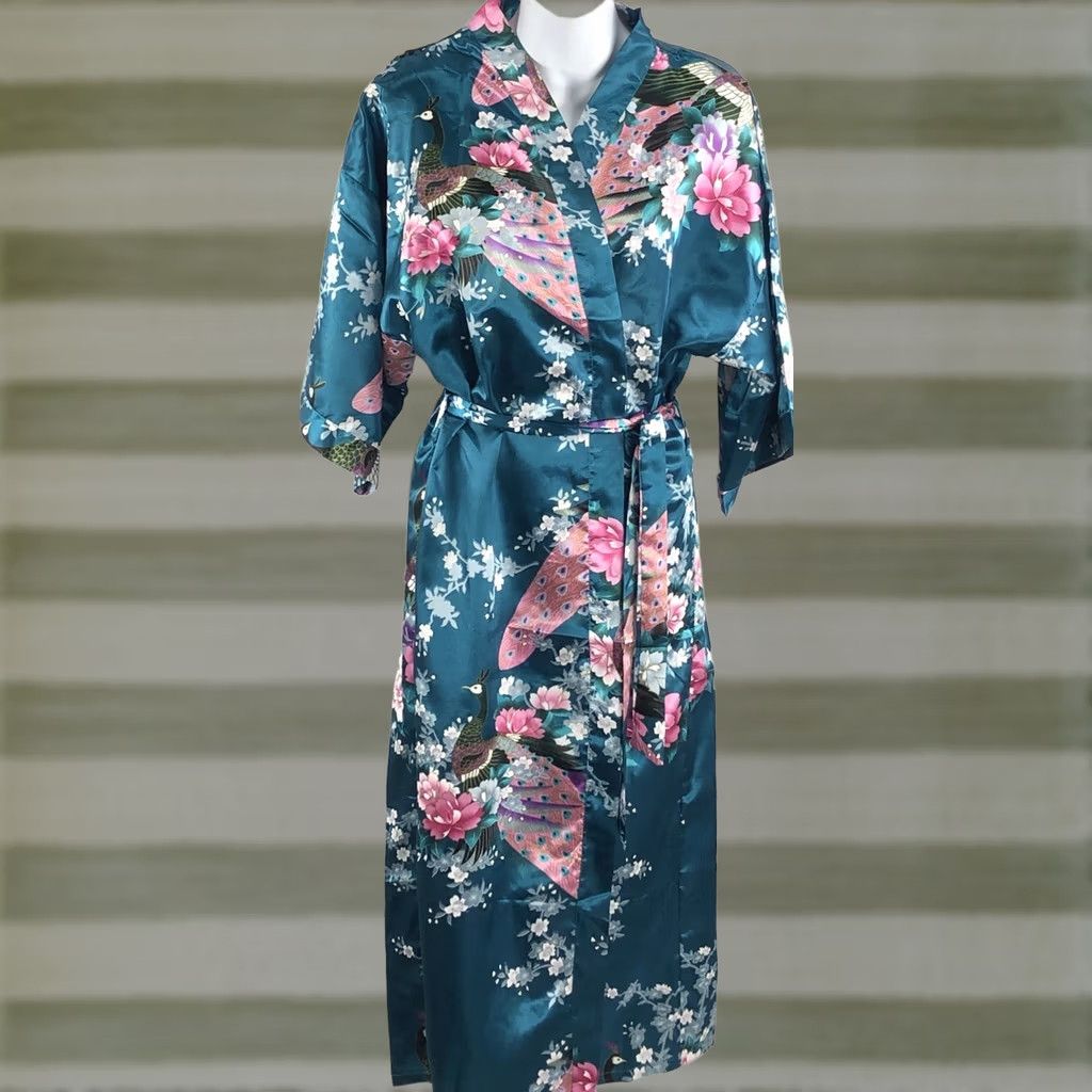 Vintage Boutique Kimono Robe S Teal Pink Peacock Floral Satin Maxi Belted Japan Womens Size ONE SIZE - 1 Thumbnail