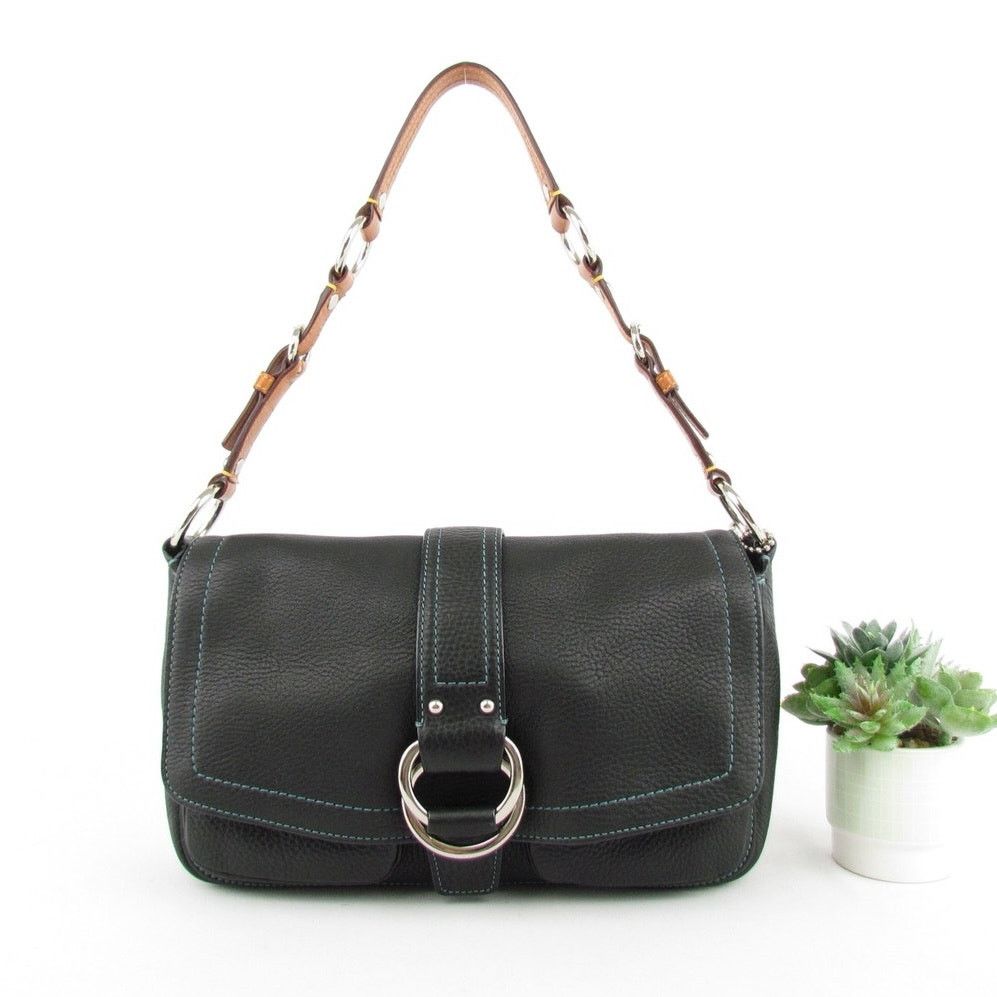 Authentic Coach Black Leather Buckle Flap Shoulder Bag