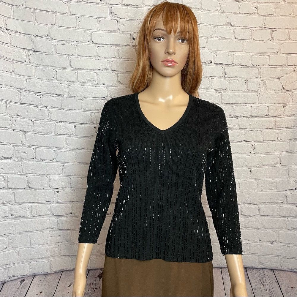 Other City Silk V-neck 3/4 Sleeve Beaded Black Sweater Size L Size L / US 10 / IT 46 - 2 Thumbnail