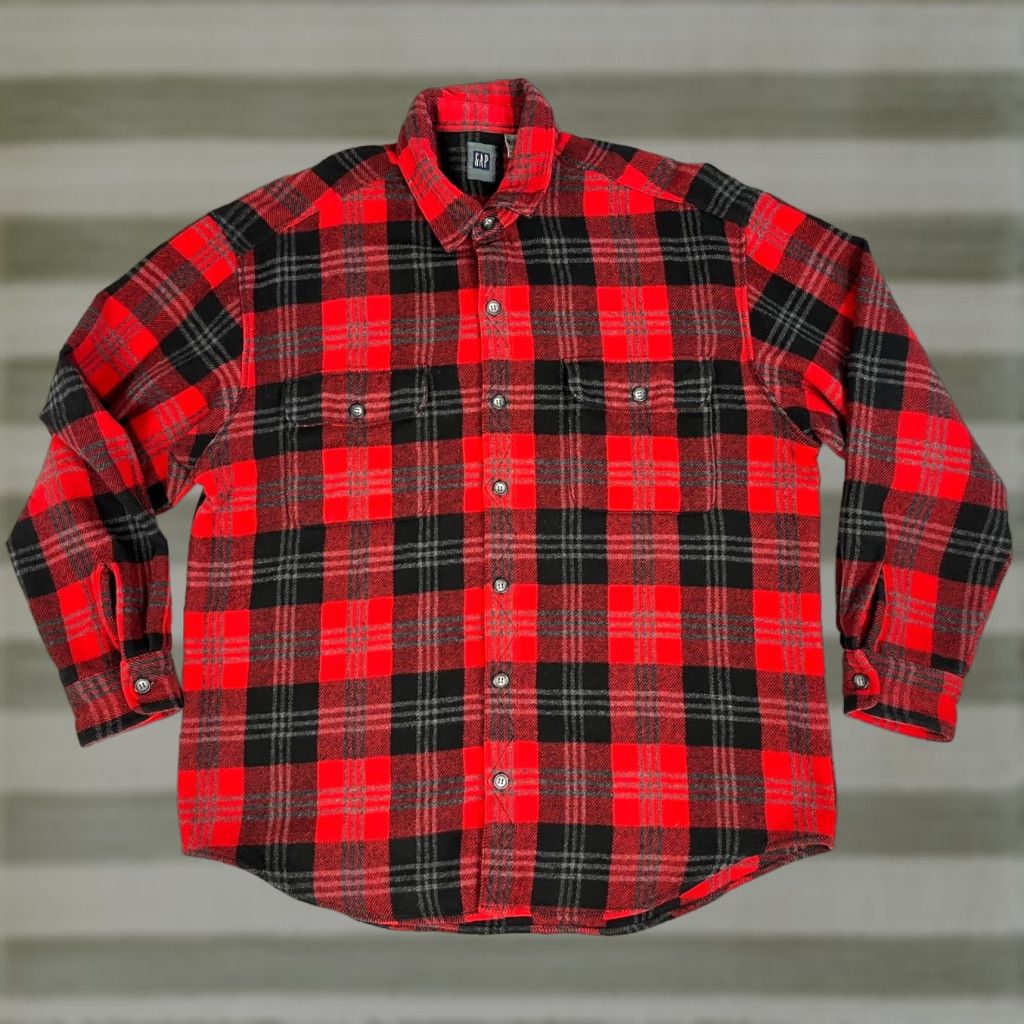 Gap VINTAGE Gap Men's Buffalo Plaid Button-Up Shirt Wool Blend Sz L 90s Red Flannel Pockets Size US L / EU 52-54 / 3 - 1 Thumbnail