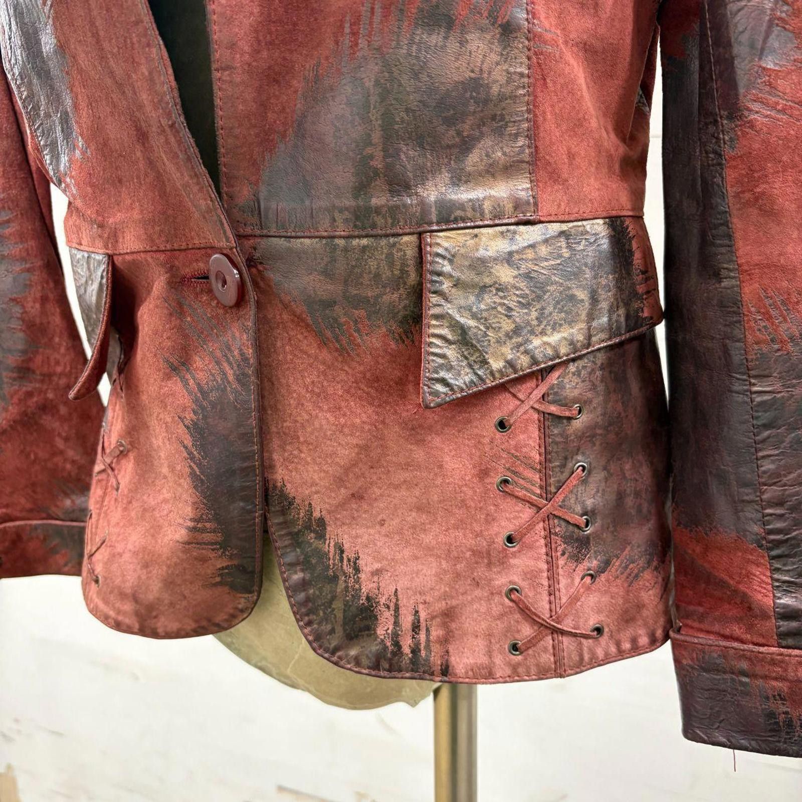 Other Y2K Vintage Red Patchwork Suede Moto Jacket Fox Fur Collar Size S / US 4 / IT 40 - 4 Thumbnail