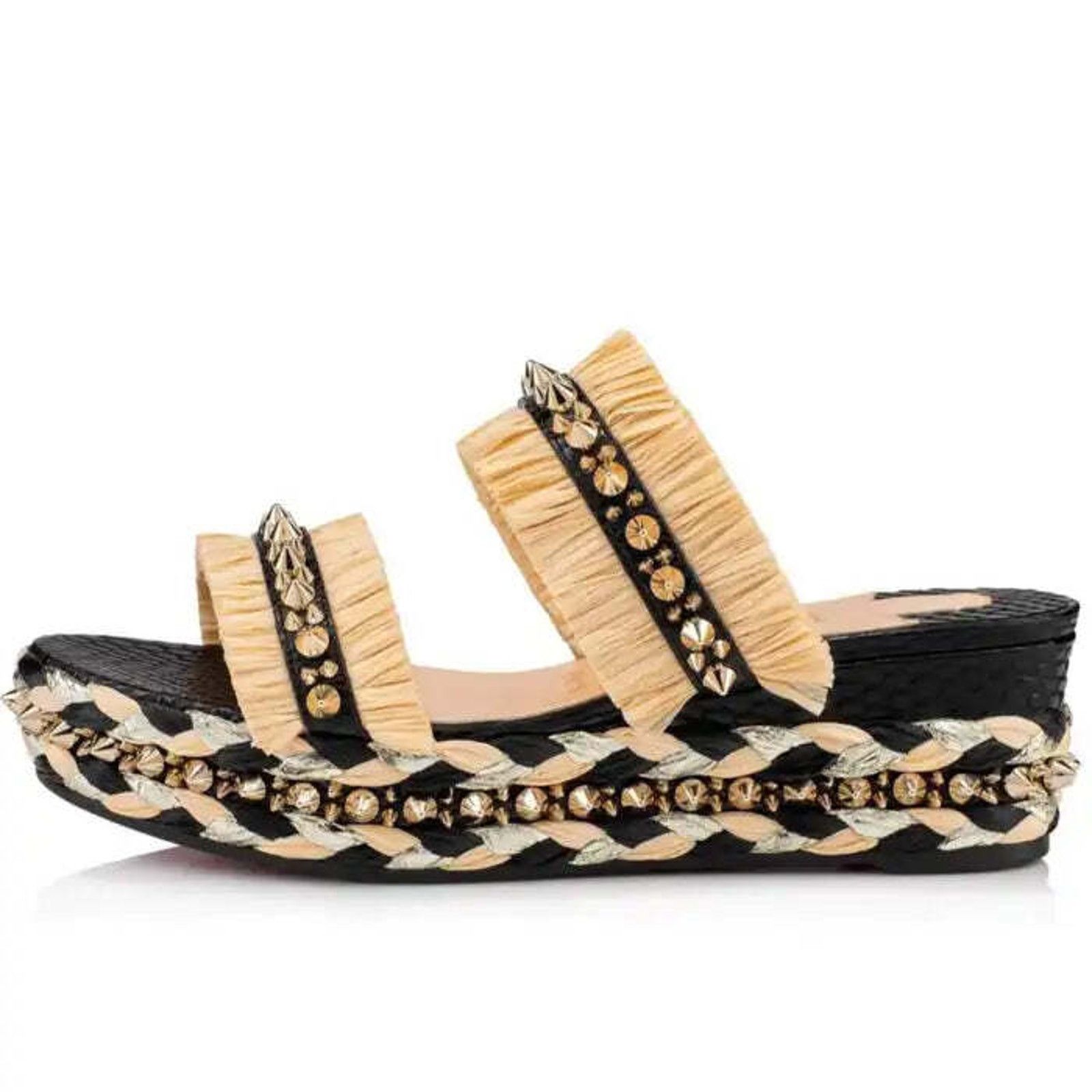 Christian Louboutin Voltinoudou 60 Black Raffia Wedge Slide Mule Sandal Heel 35 Size US 5 / IT 35 - 3 Thumbnail