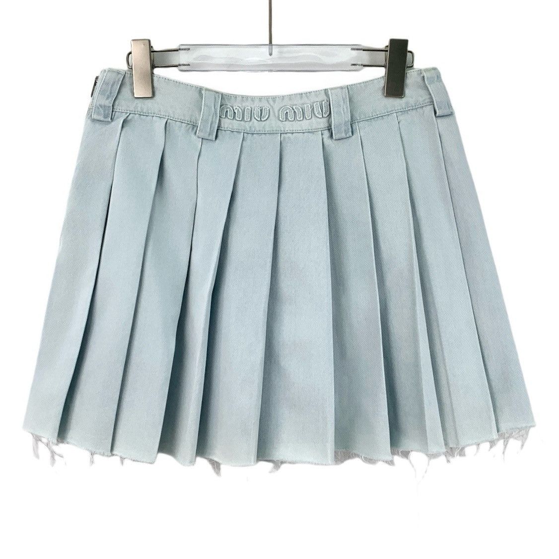 Miu Miu MiuMiu 2022 Pale Blue Cotton Casual Pleated Mini Skirt K26WX Size 26" / US 2 / IT 38 - 1 Thumbnail