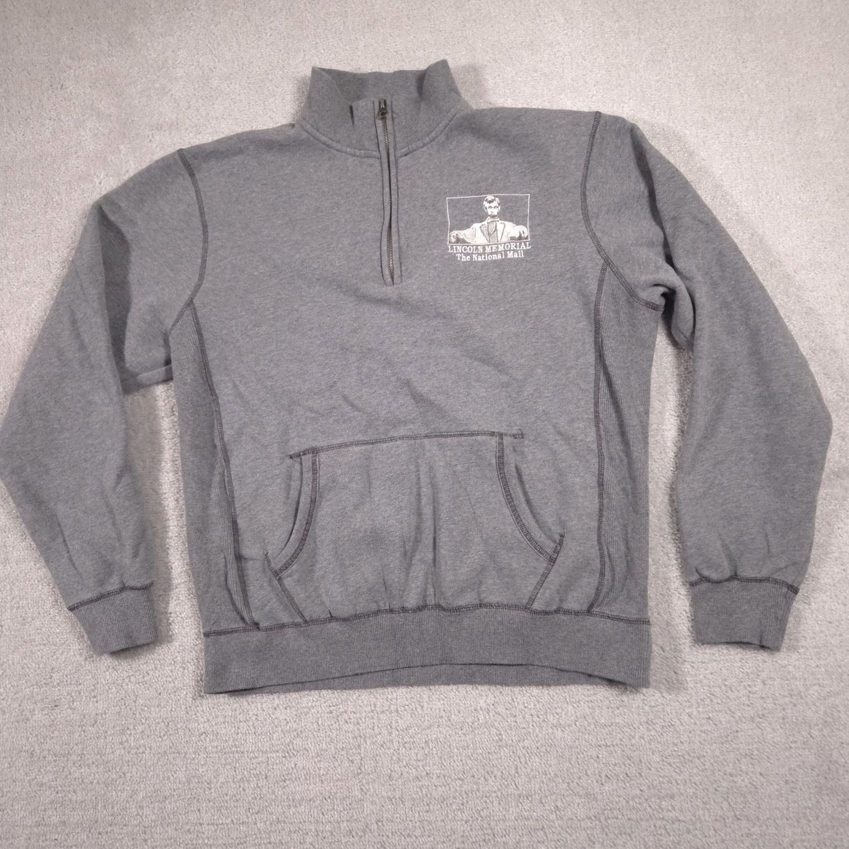Vintage Blue 84 Sweatshirt Mens M Gray Quarter Zip Fleece Lincoln Memorial Graphic Pullover USA 1/4 Zip Kangaroo Pocket Embroidered Logo Mock Neck Size US M / EU 48-50 / 2 - 2 Thumbnail