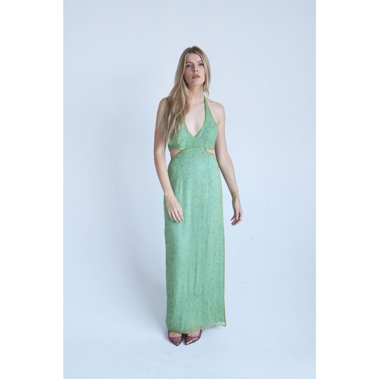 Vintage Vintage Scala Y2K Green Silk Beaded Cutout Open Back Dress Size M / US 6-8 / IT 42-44 - 5 Thumbnail