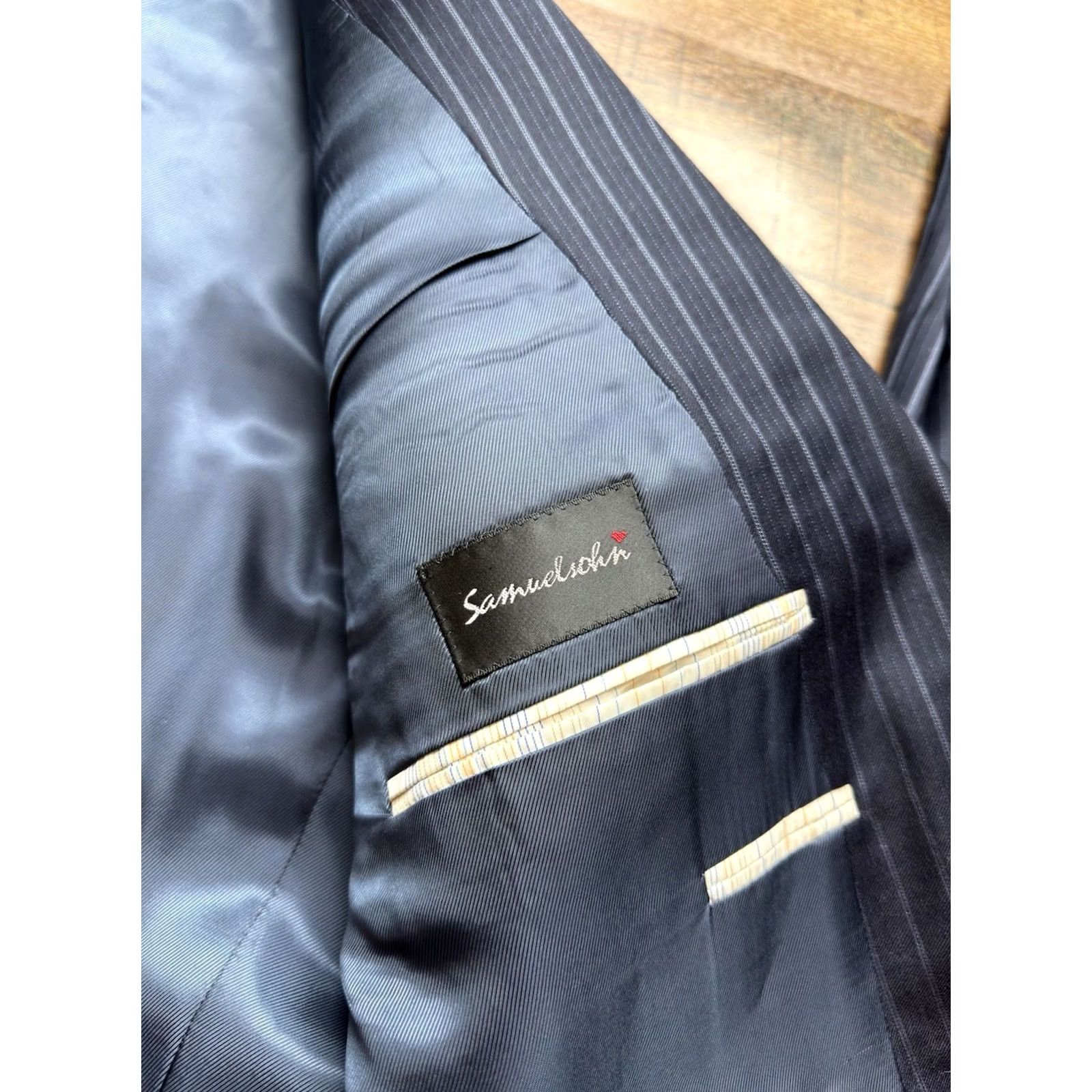 Vintage Samuelsohn Suit Mens 46 Blue Super 150s Wool 46R 40X28 Pinstripe Surgeon Cuffs Size 46R - 7 Thumbnail
