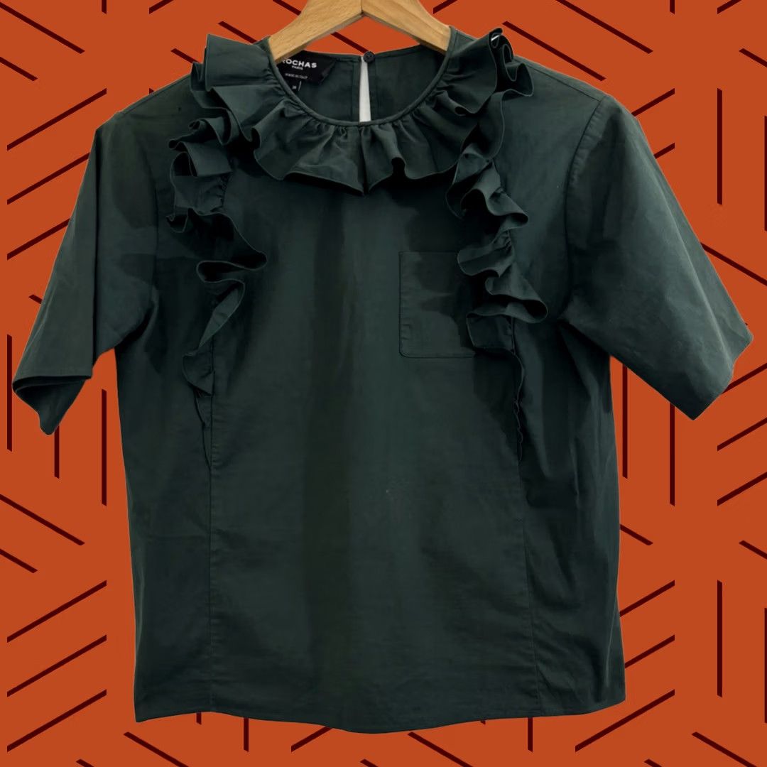 Rochas Rochas Paris Ruffle Top Green Solid Cotton Women Size 38 Size XS / US 0-2 / IT 36-38 - 1 Thumbnail