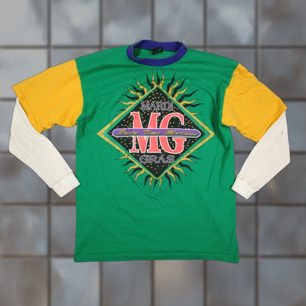 Vintage VINTAGE Tee's Unlimited Mardi Gras Shirt Mens Large Green Party Time Madness Graphic Layered 90s Size US L / EU 52-54 / 3 - 1 Thumbnail