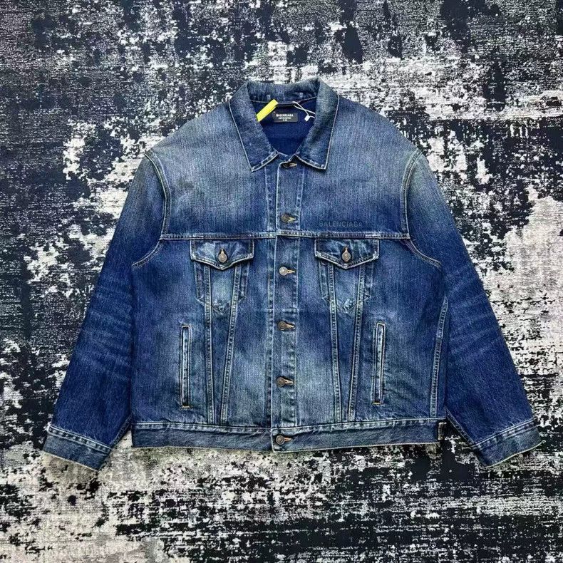 Balenciaga blue washed embroidered logo denim jacket-2506