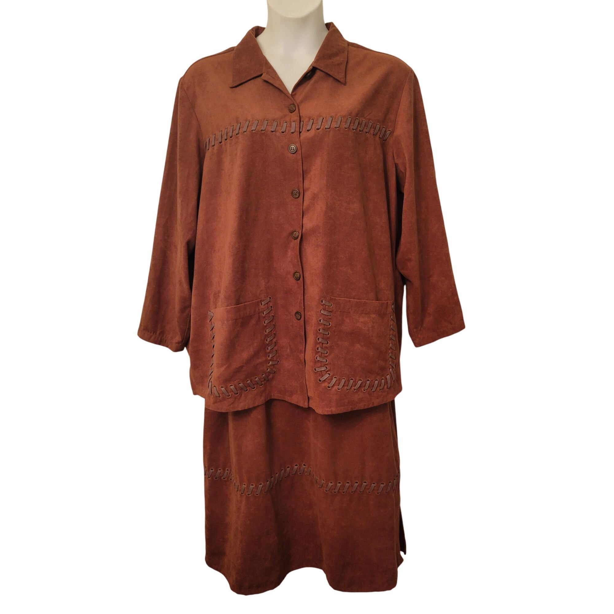 Vintage Ulla Popken Brown 2 Piece Set Top Skirt Buckskin Hippy Costu Size 42" / US 20 - 1 Thumbnail