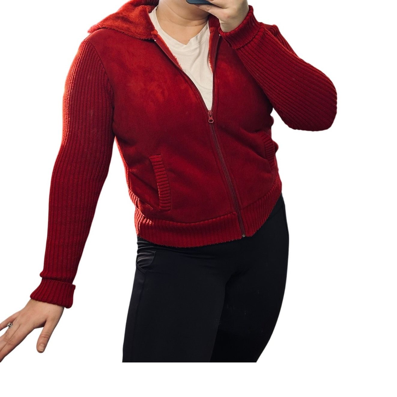 Vintage Y2K Cherry Red Faux Suede Leather Jacket Hood Knit Vintage Size L / US 10 / IT 46 - 5 Thumbnail