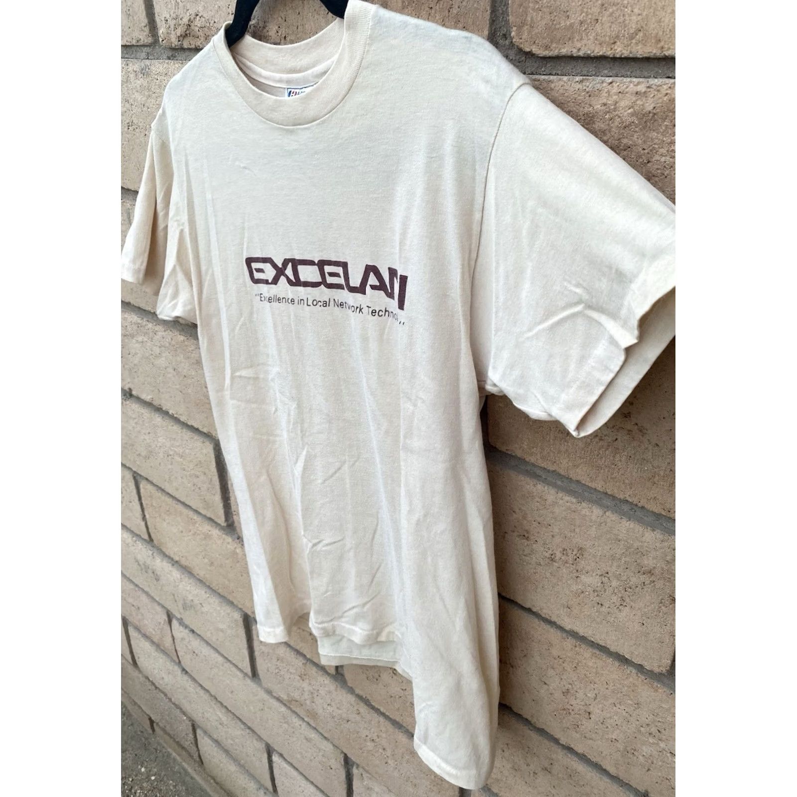 Hanes VINTAGE Hanes T-Shirt Beige 80s Nerd Graphic Print Excelan Excellence In Local Network Technology Men L Adults Short Sleeve Cotton Blend Size US L / EU 52-54 / 3 - 4 Thumbnail