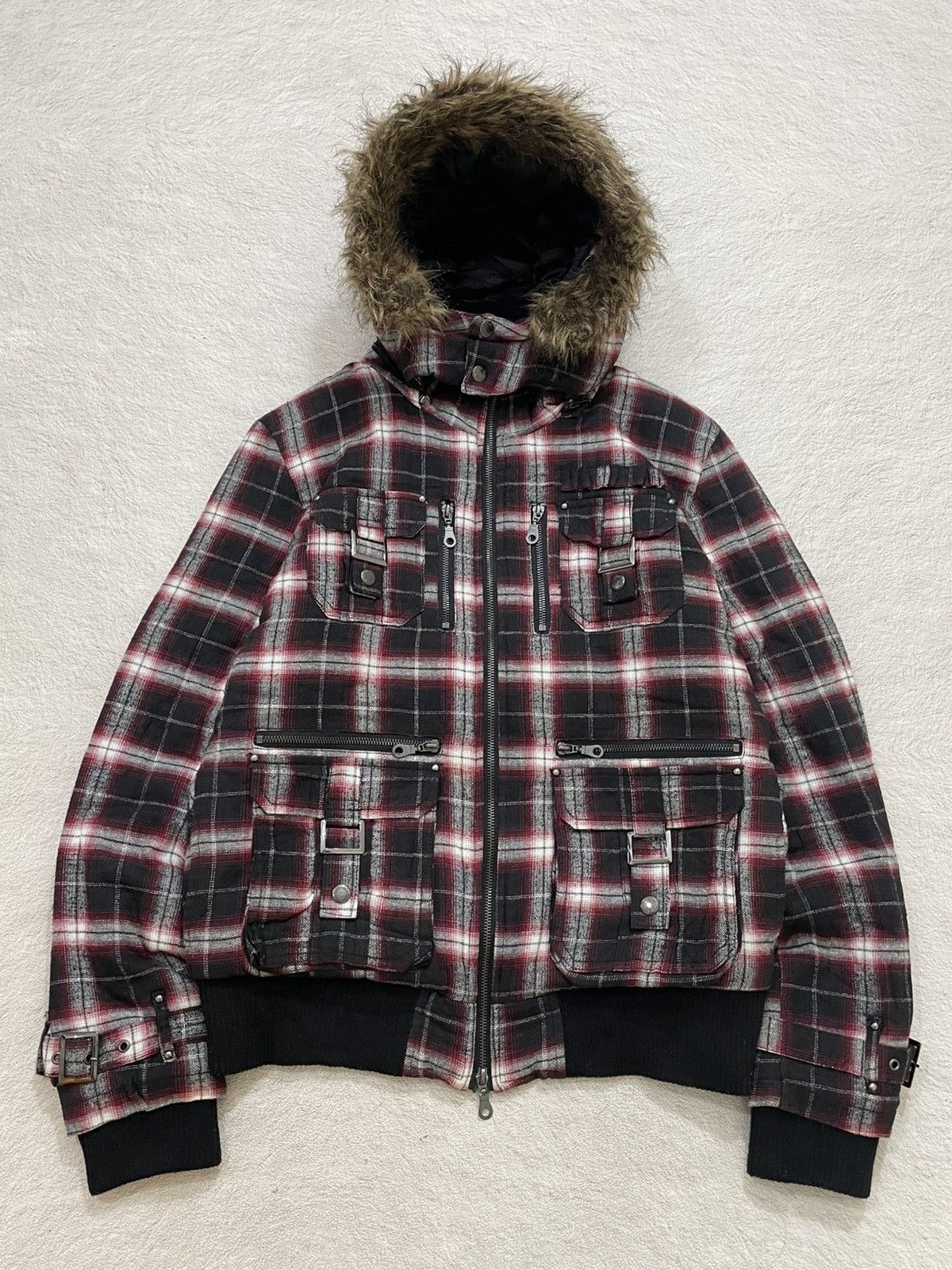 ジャケット・アウター archive in the attic modscoat fur In the Attic Archive Plaid Fur Hood Bomber Jacket Grunge