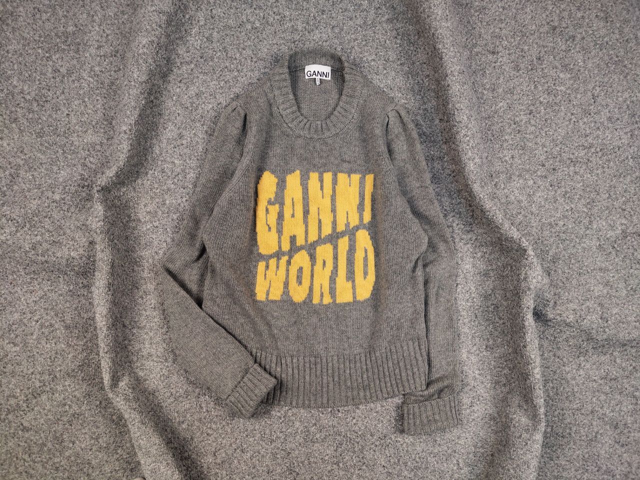 image of Ganni World Design Gray Logo Crew Neck Pullover Sweater in Grey, Women's (Size Small)