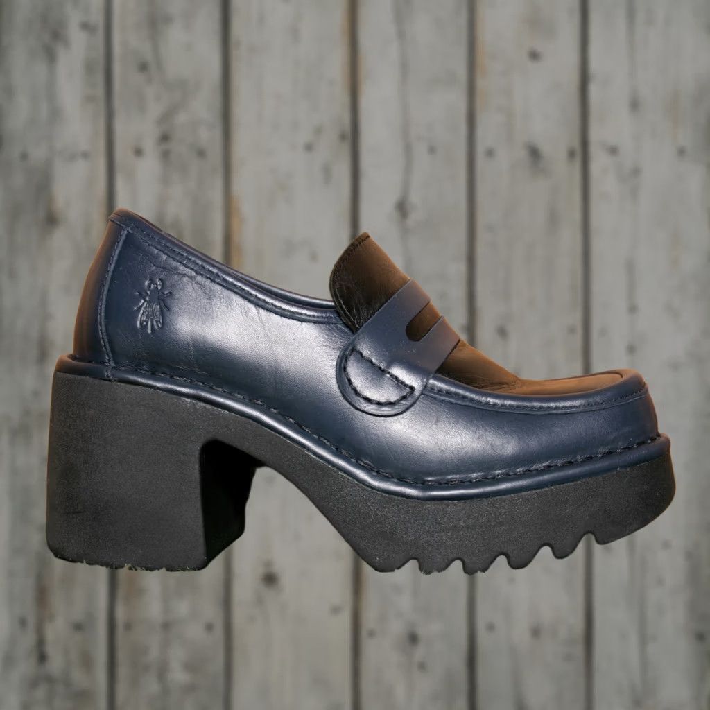 Fly London VINTAGE FLY London Muly Navy/Black Leather 3" Heel Penny Loafer EUR 36 Womens Shoes Size US 5.5 / IT 35.5 - 1 Thumbnail