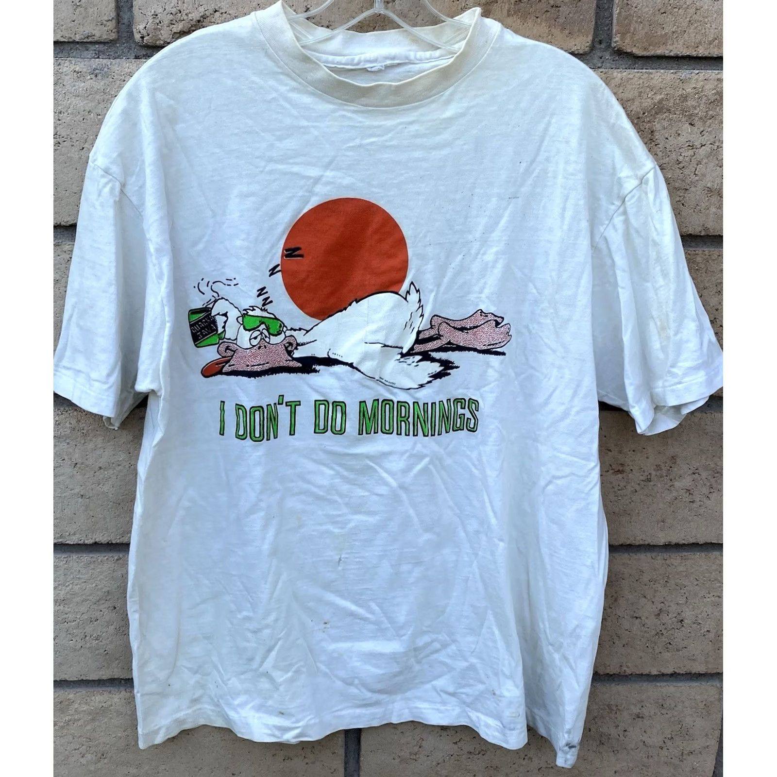 Vintage Vintage I Dont Do Mornings Quacks Java T Shirt XL White Bird Single Stitch Distressed Stained Holes Mens Shirt Size US XL / EU 56 / 4 - 4 Thumbnail