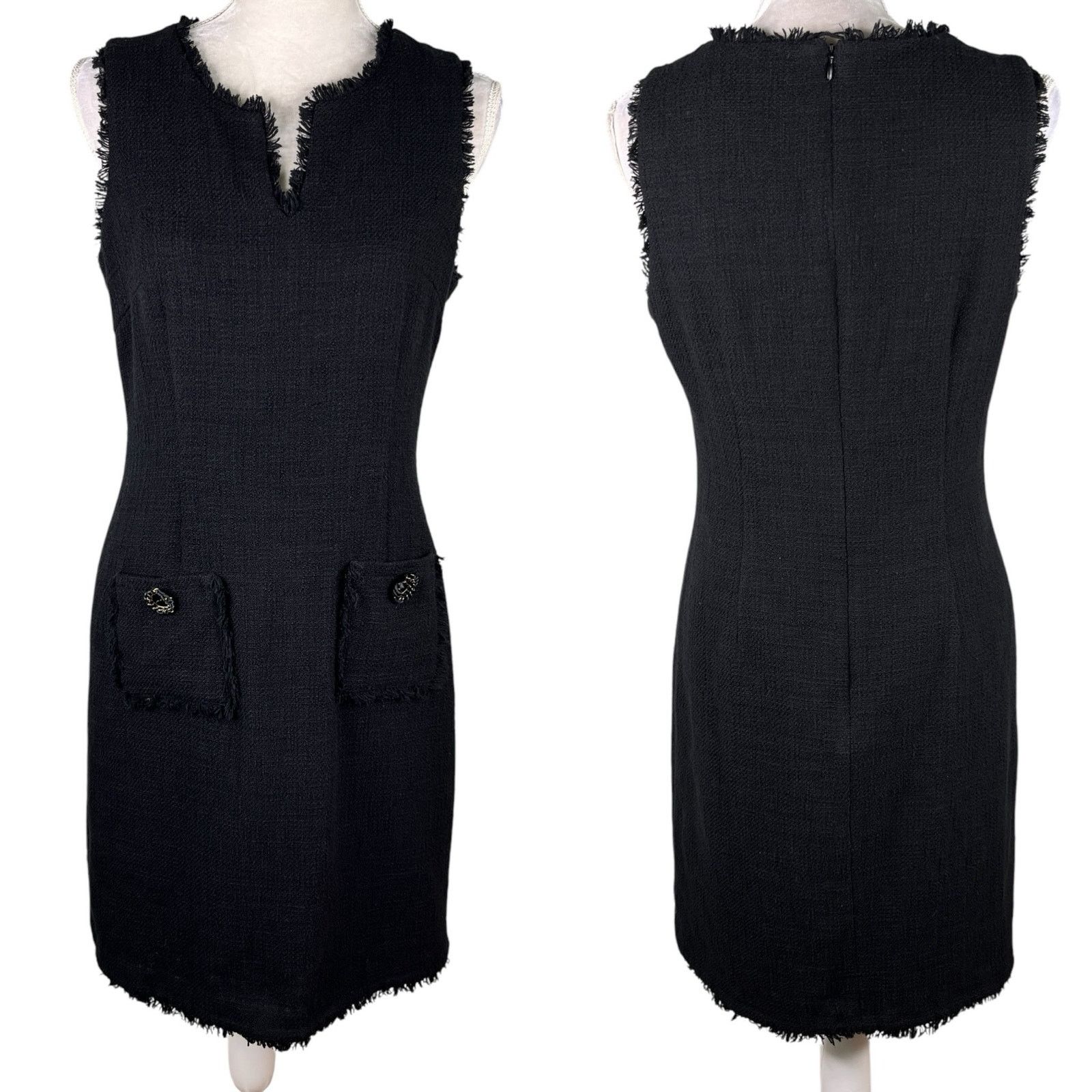 Karl Lagerfeld Karl Lagerfeld Tweed Fringe Sheath Dress Black 10 Sleeveless Grailed