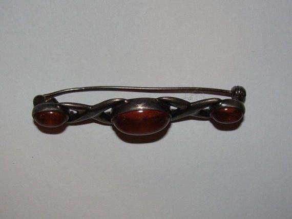 Designer Sterling Silver Baltic Amber Cabochon Bar Pin Love XOXO Size ONE SIZE - 2 Thumbnail