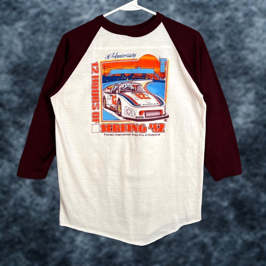 Vintage VINTAGE 1982 12 Hours Sebring 30th Anniversary Raglan T Shirt Porsche Bantams Large Mens White Cotton Graphic Tee Sportswear/Beach Size US L / EU 52-54 / 3 - 1 Thumbnail