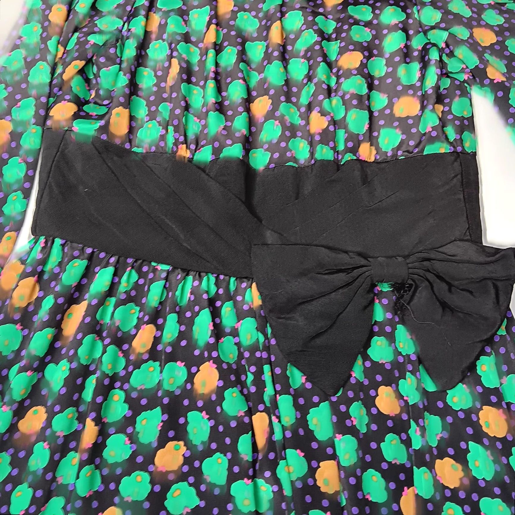 Vintage VINTAGE ACT I Dress Midi Floral Polka Dot Bow 80s A-Line Long Sleeve Black Green Purple Brown 7/8 Women's Boys Girls? Size M / US 6-8 / IT 42-44 - 6 Thumbnail