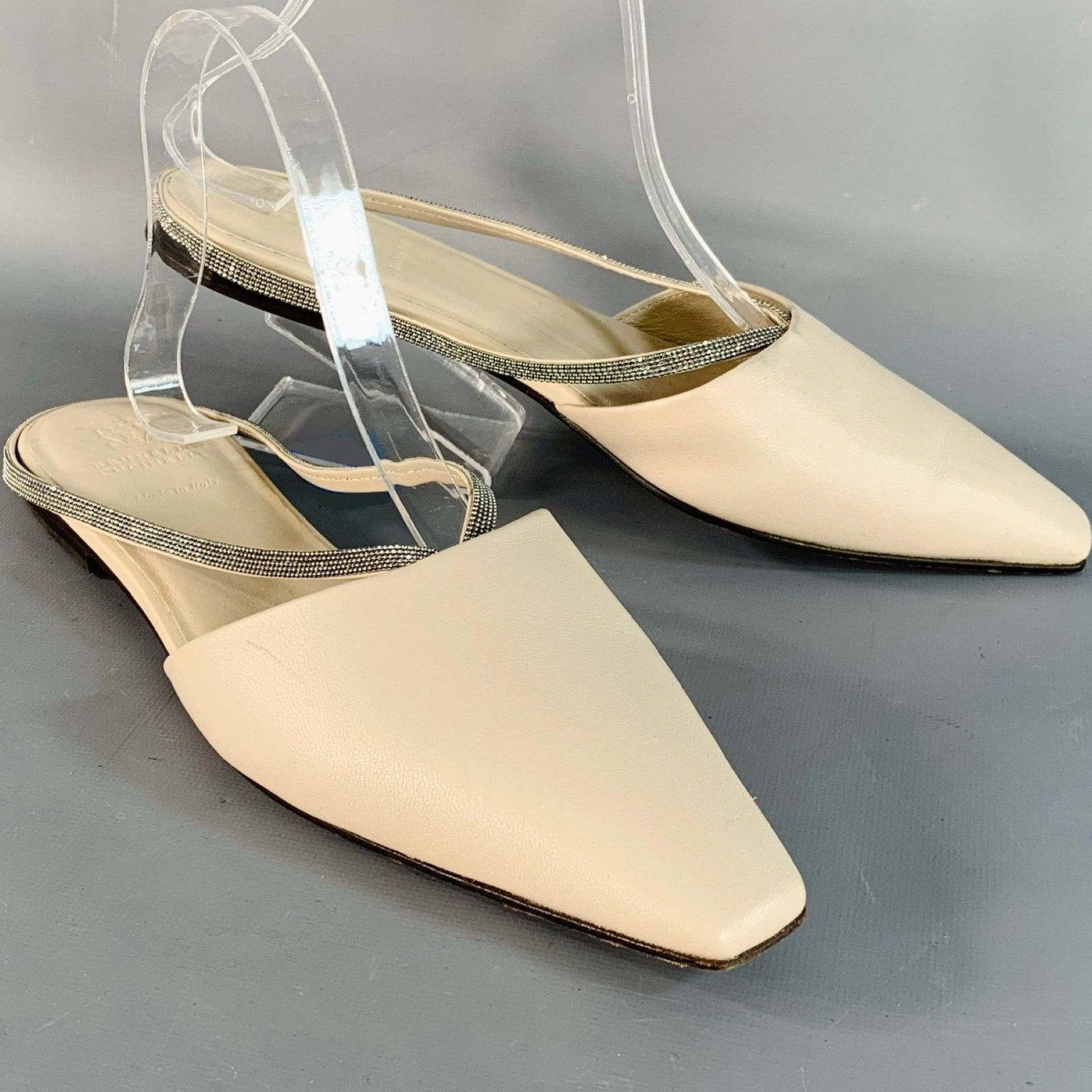 Brunello Cucinelli BRUNELLO CUCINELLI Beige Silver Leather Monili Slip On Flats Size US 10 / IT 40 - 1 Thumbnail