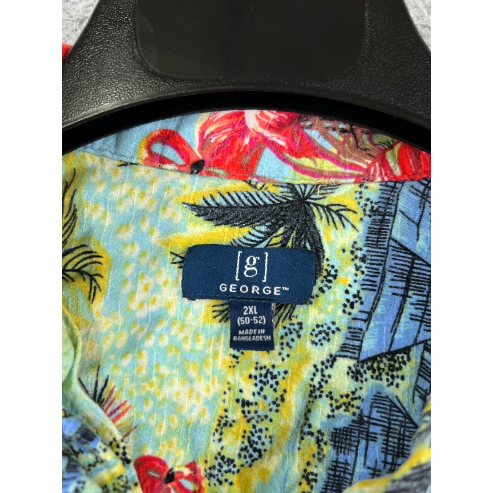 George George Men's Hawaiian Shirt 2XL Floral Palm Green Pink Button-Up Rayon Short Sleeve Classic Casual Hawaiian Theme 90s? Size US XXL / EU 58 / 5 - 7 Thumbnail