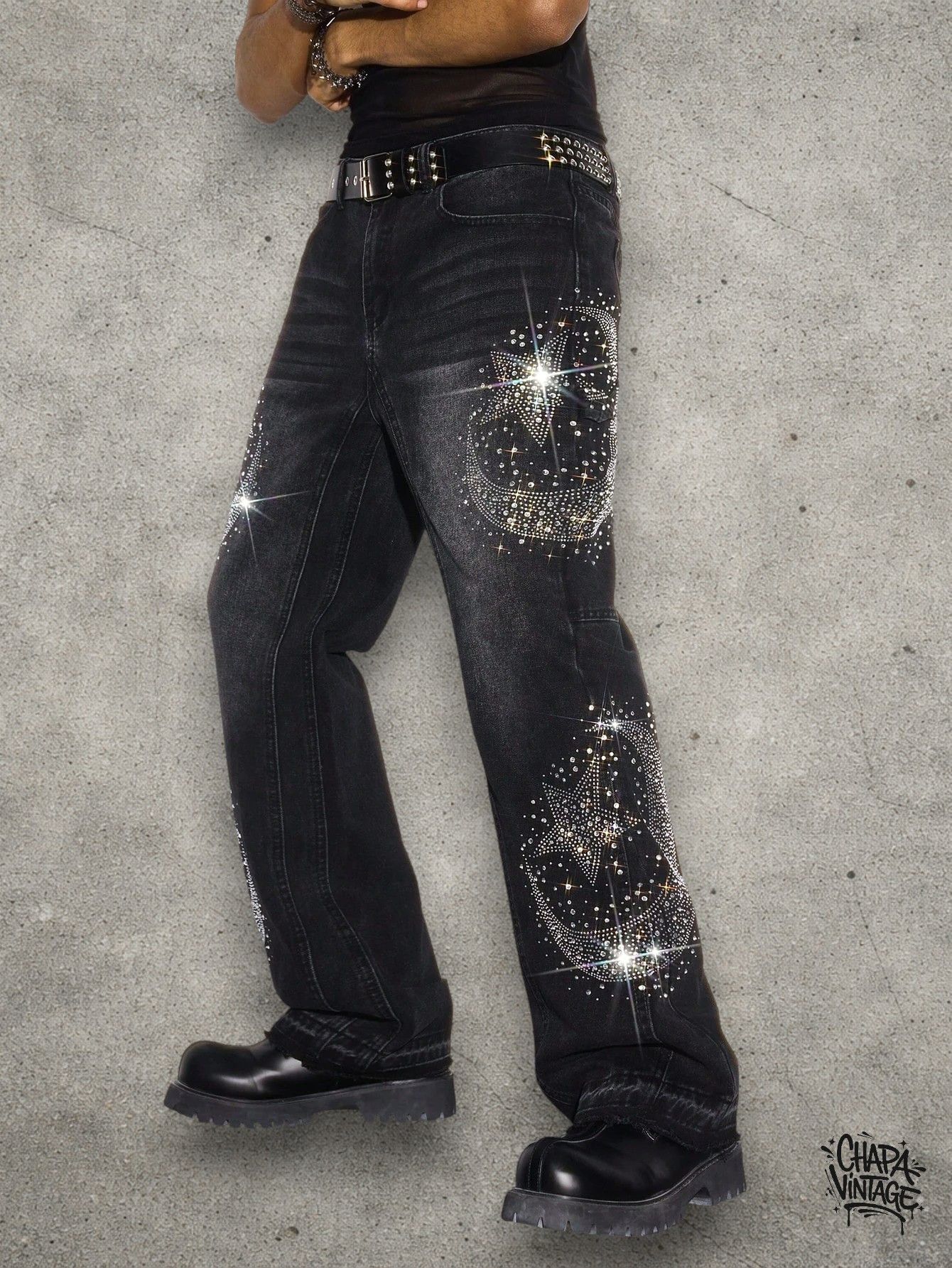 Vintage Rhinestone washed gray jeans Size US 32 / EU 48 - 3 Thumbnail