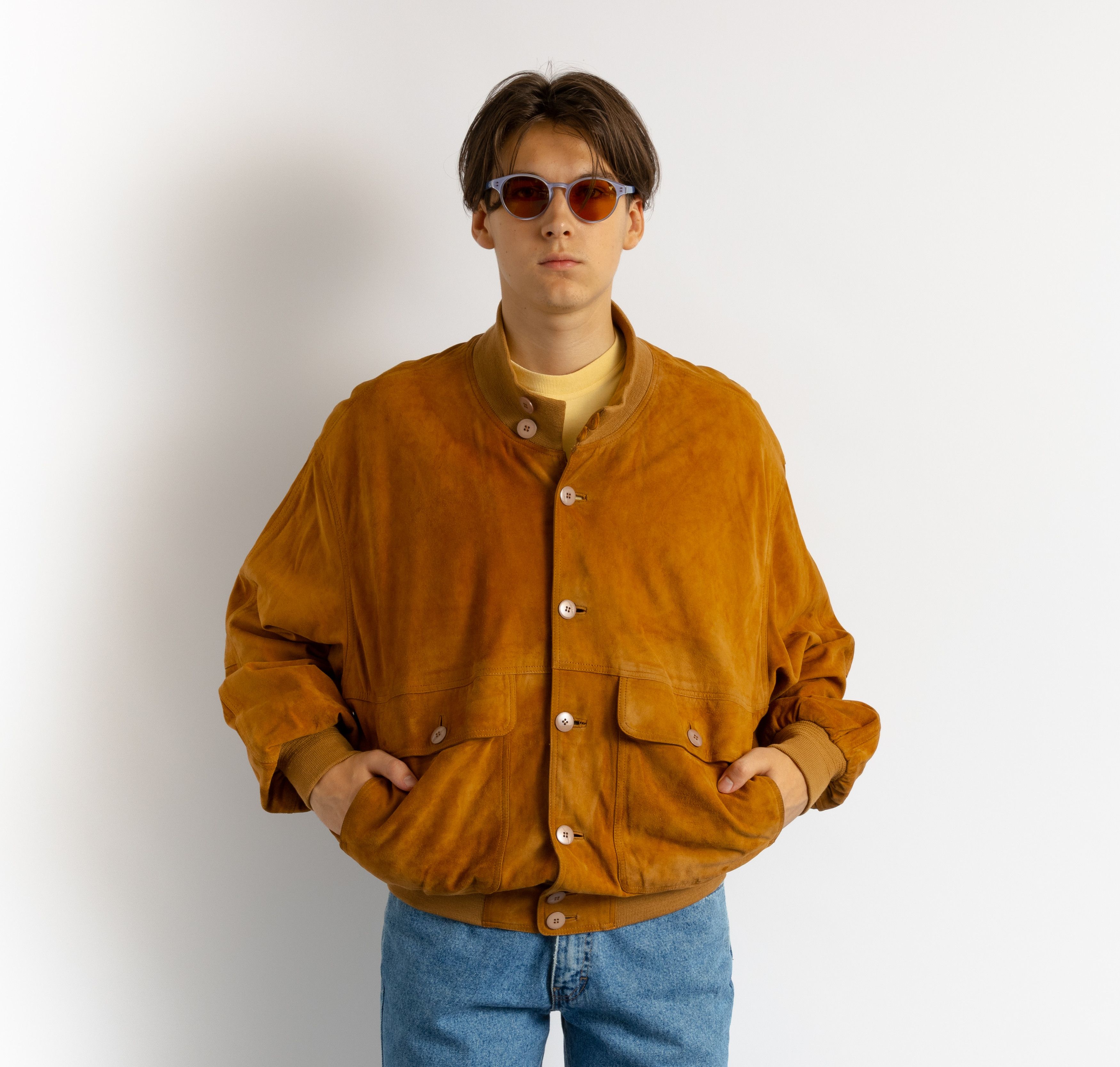 Vintage 80s Suede Bomber Jacket Brown Leather Fall 8714 Size US XL / EU 56 / 4 - 1 Thumbnail